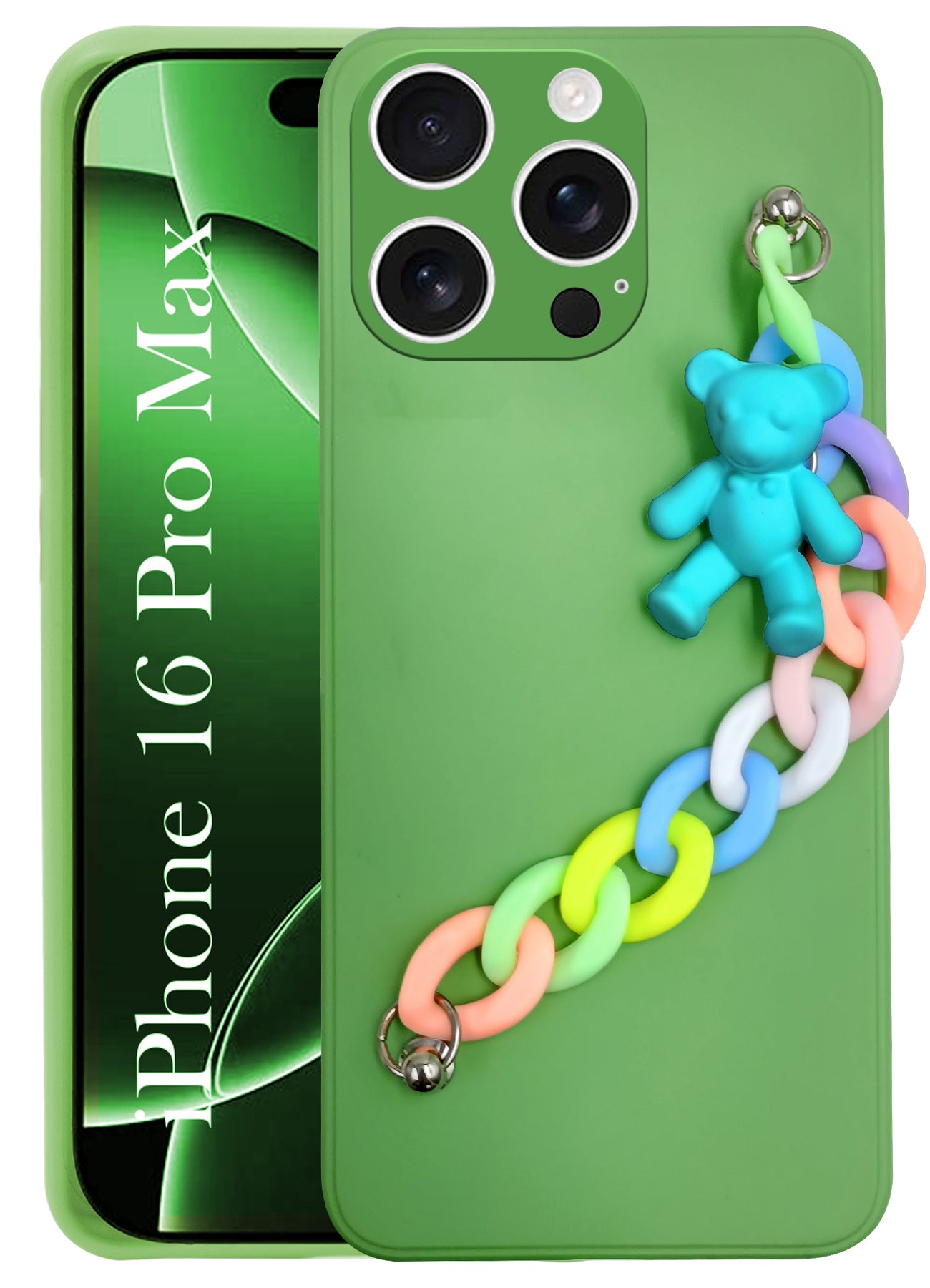For Apple iPhone 16 Pro Max Girls Case Cover with Bracelet (Wrist Hanging Chain | Teddy Toy Cartoon)