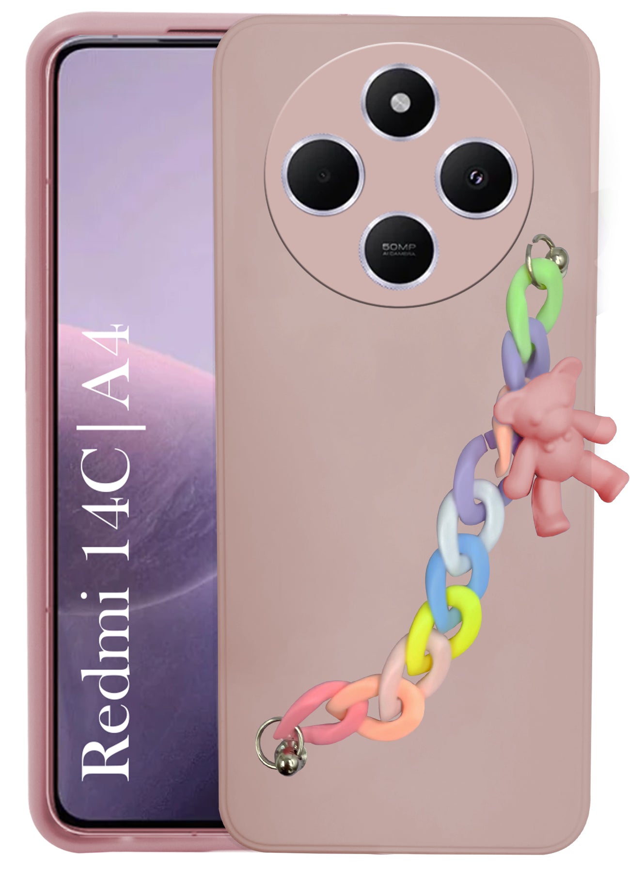 For Redmi A4 5G | Xiaomi Redmi 14C Back Cover Girls Case with Bracelet (Wrist Hanging Chain | Teddy Toy Cartoon)