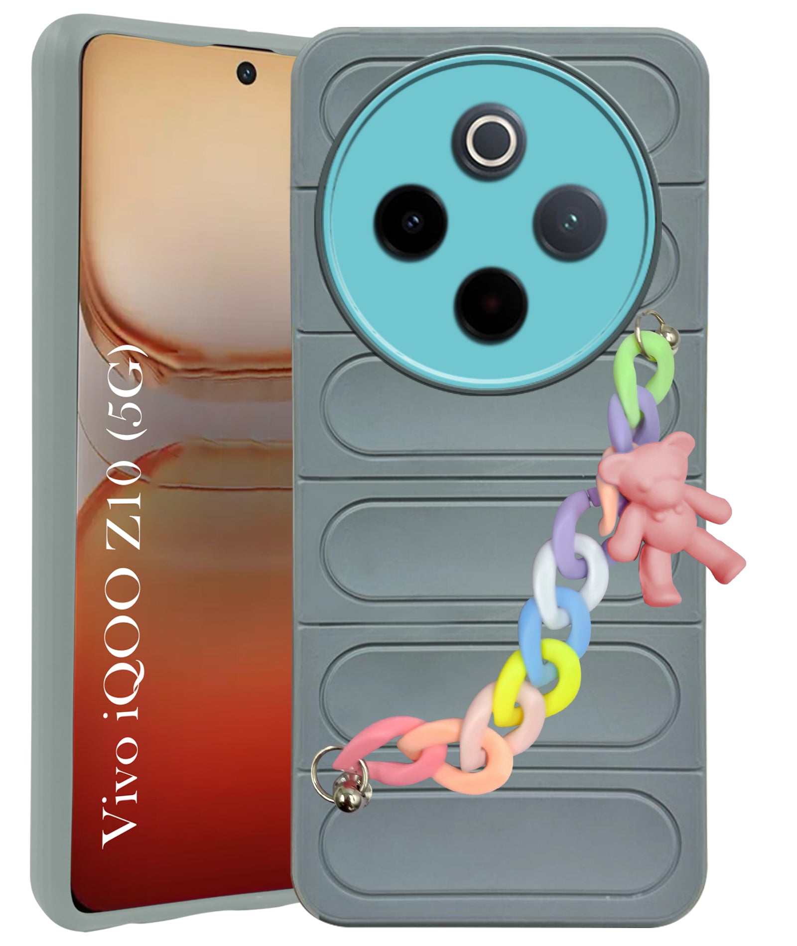 For Vivo iQOO Z10 Back Cover Case (Wrist Hanging Chain | Teddy Bracelet Charms | Matte Liquid Silicone | Camera Protection Ring)