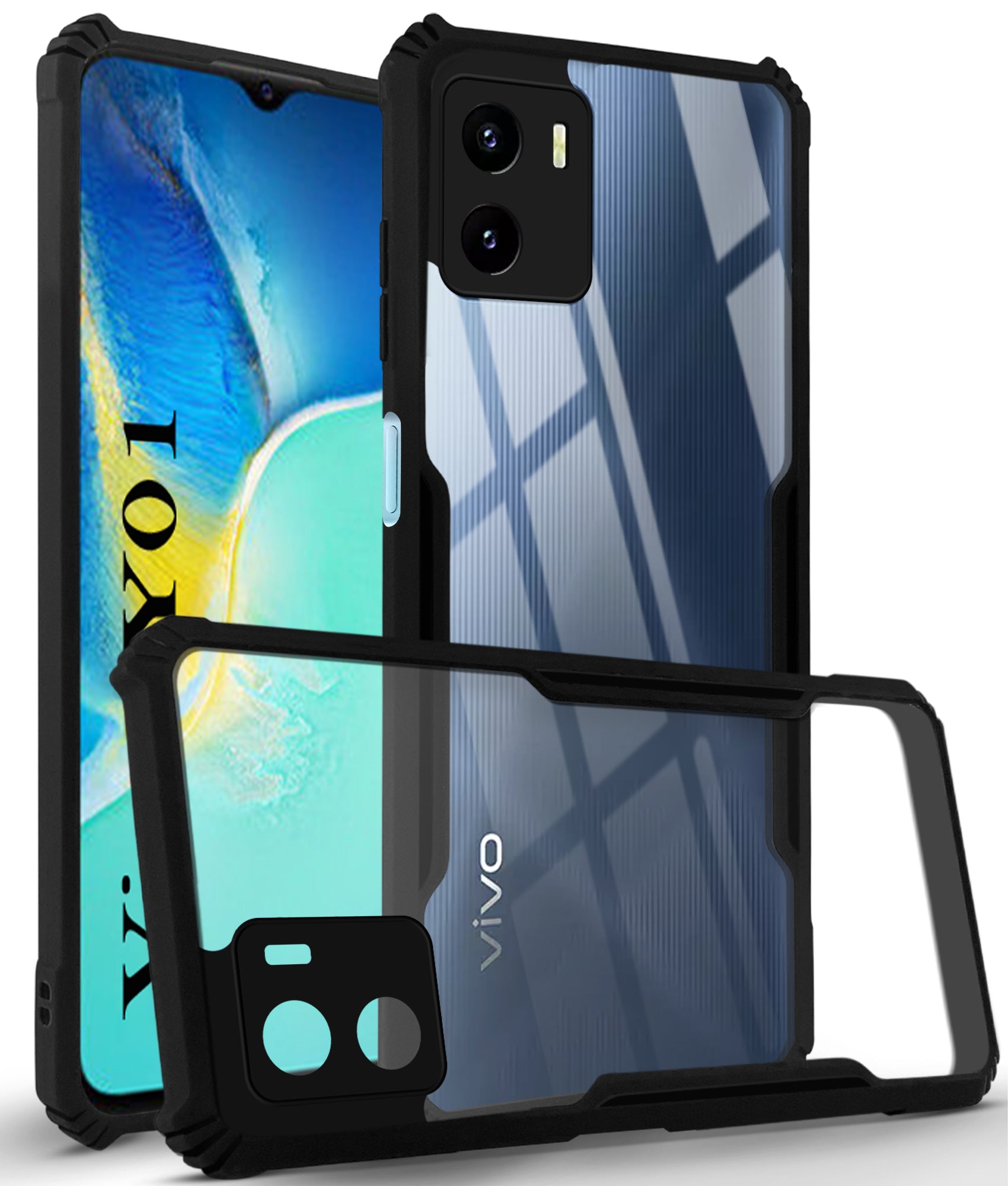 For Vivo Y01 Back Cover Case ( Shockproof with Polycarbonate Clear Panel | Professional Black)