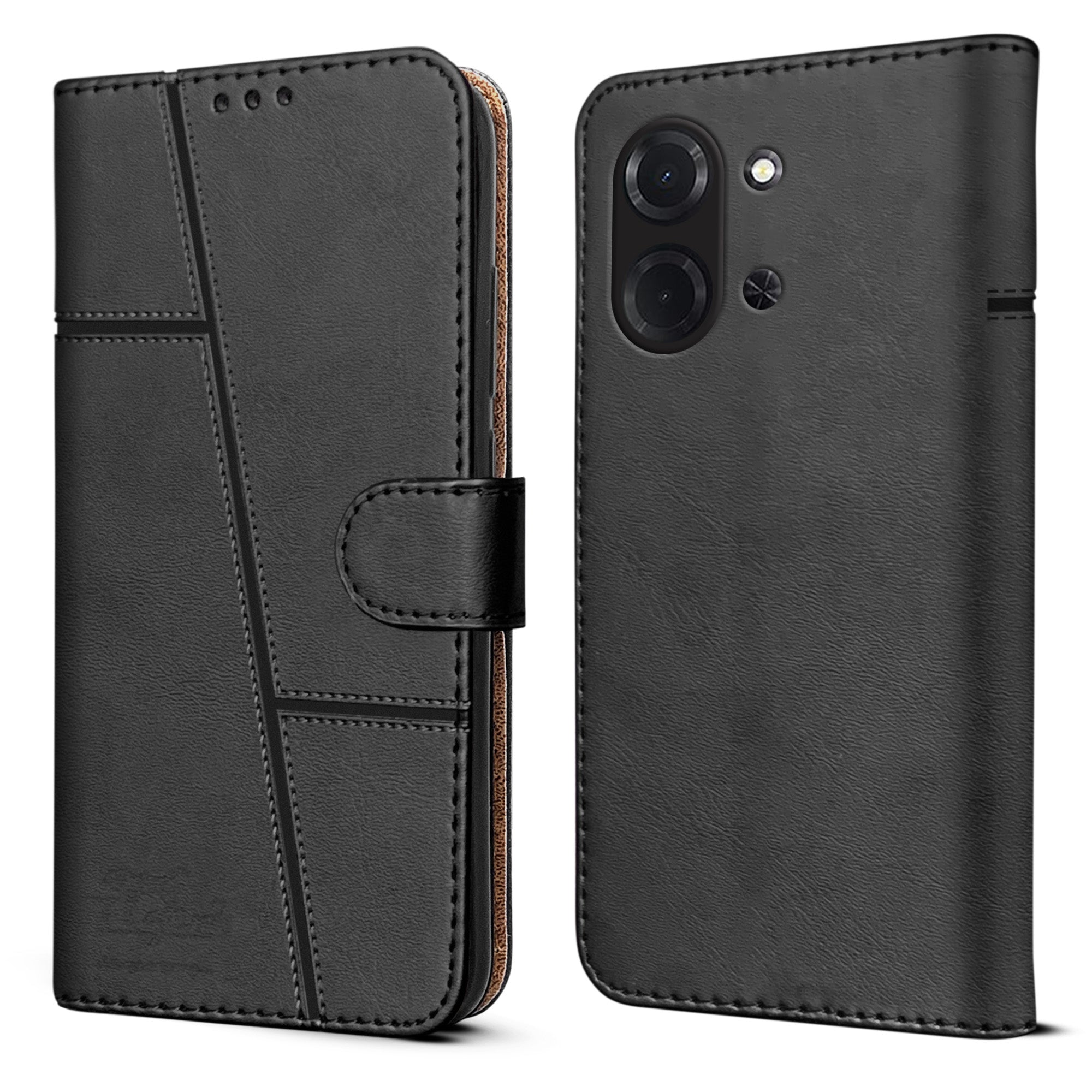 For Poco C85 5G Flip Cover Case (Stitched Leather with Magnetic Closure | Black)