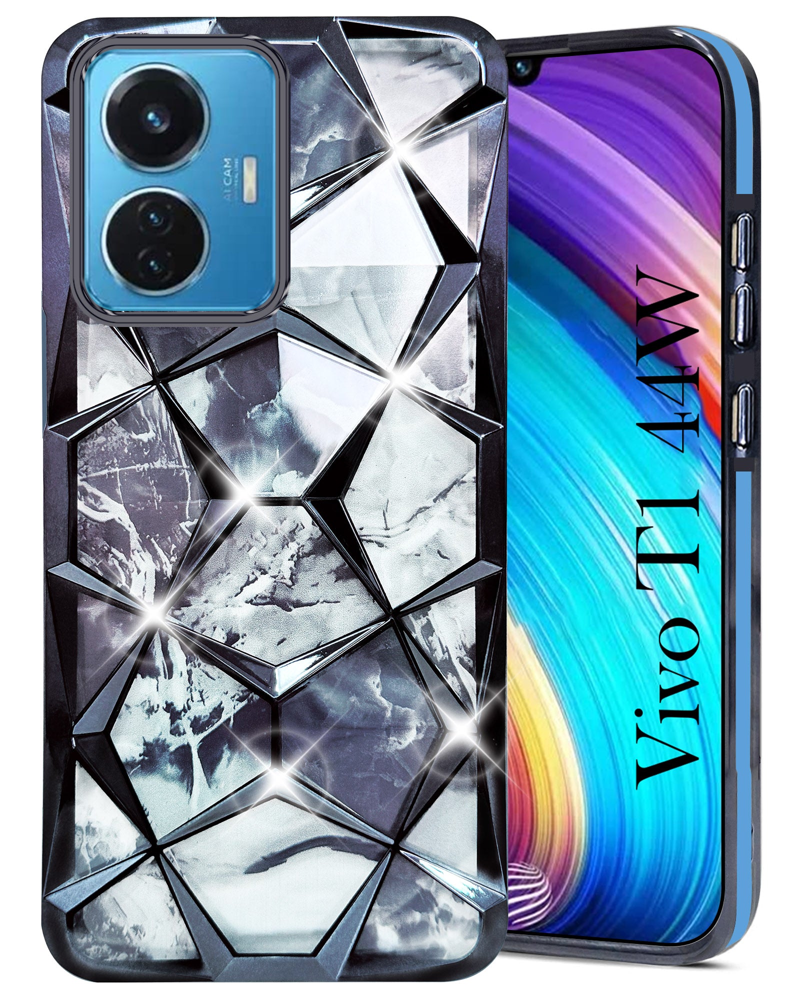 For Vivo T1 44W Back Cover Case (Dual Design Glitter Sparkle and Detachable Diamond Print Case | Soft and Flexible)