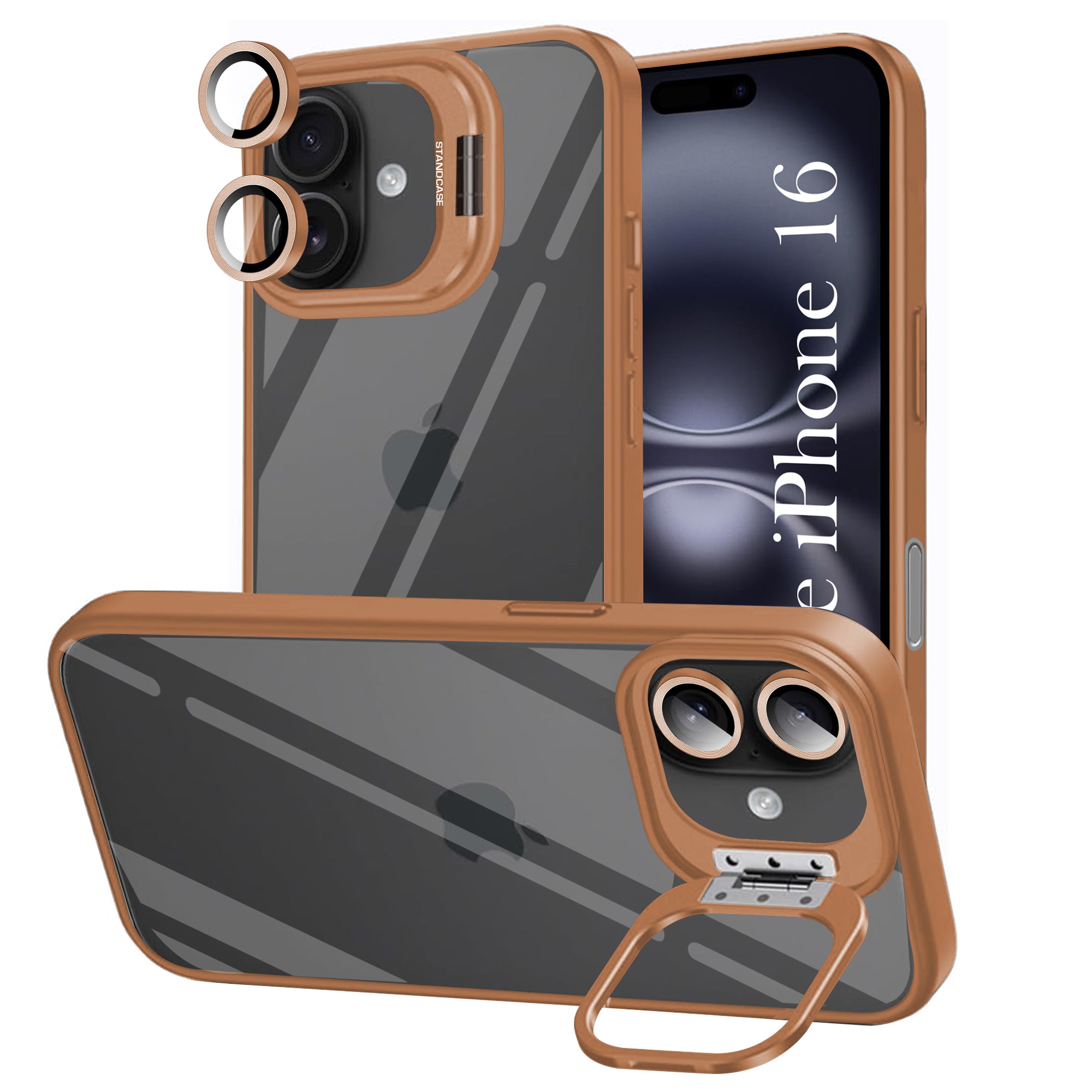 For Apple iPhone 16 Back Cover Case (Camera Lens Glass | Metal Stand Holder | Shockproof Hybrid | Anti Yellow)