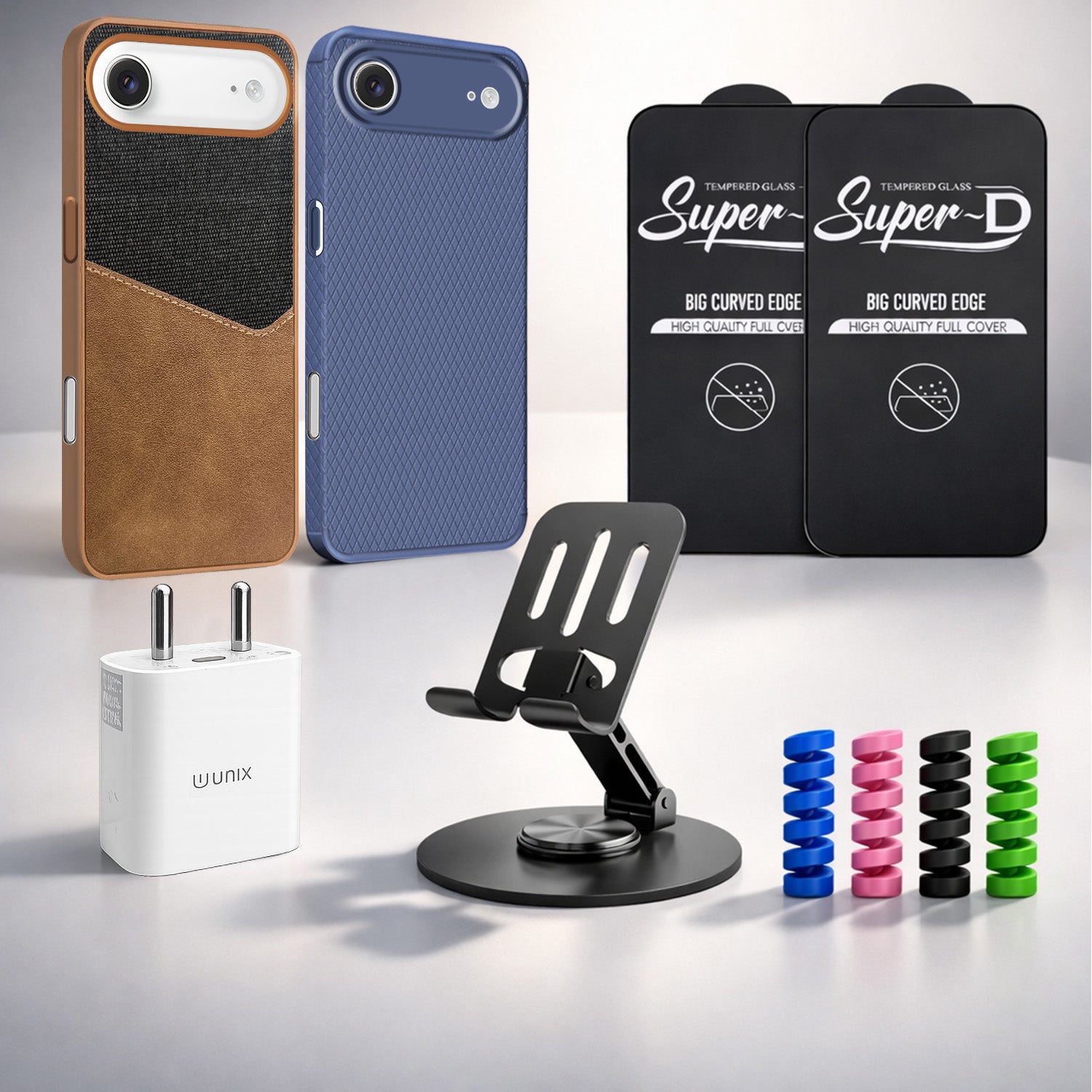 Complete Mobile Care Kit (Get Any 2 Cases+2 Tempered Glass+25W Charger Adapter+Metallic Mobile Stand+Cable Protector)