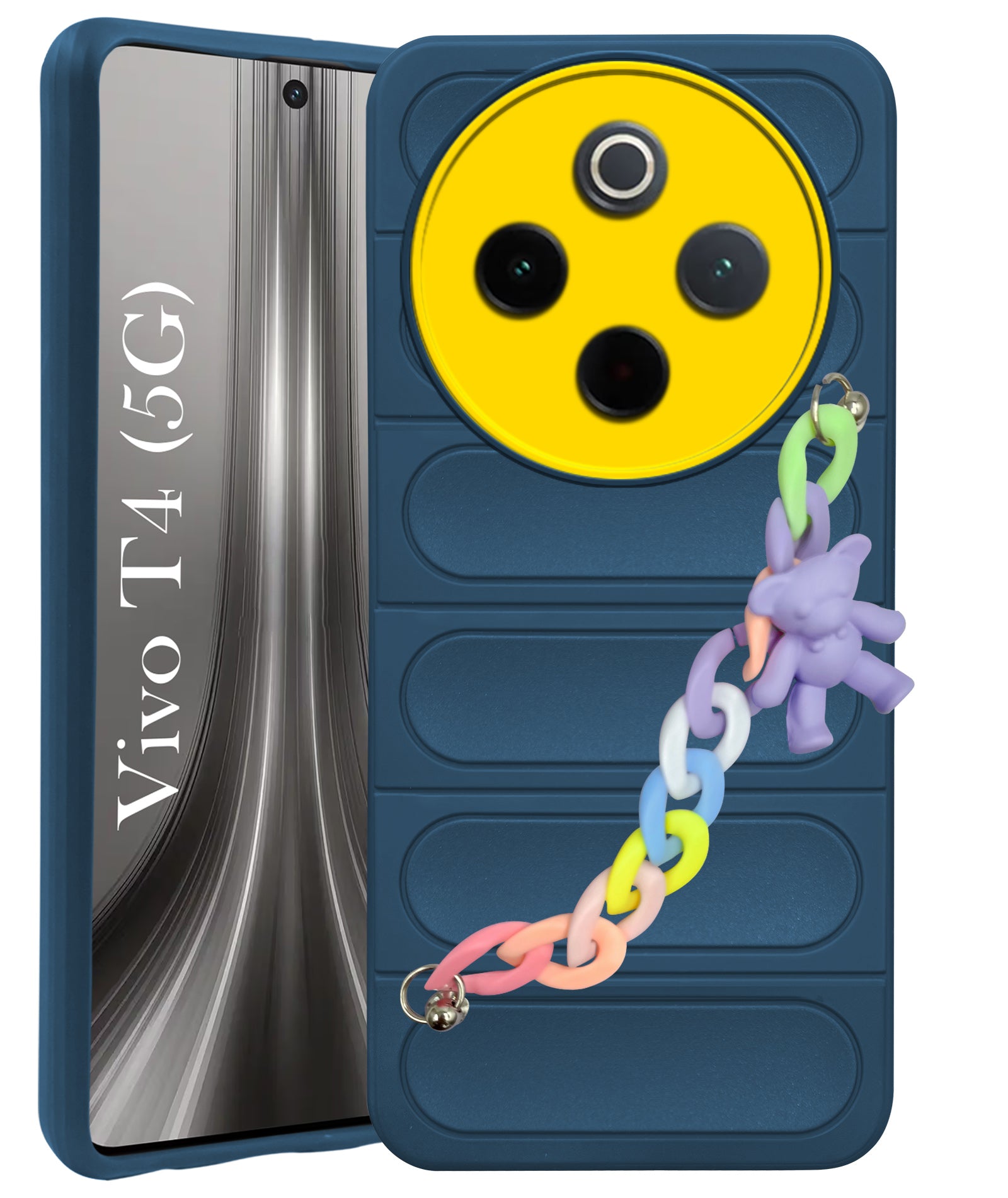 For Vivo T4 Back Cover Case (Wrist Hanging Chain | Teddy Bracelet Charms | Matte Liquid Silicone | Camera Protection Ring)