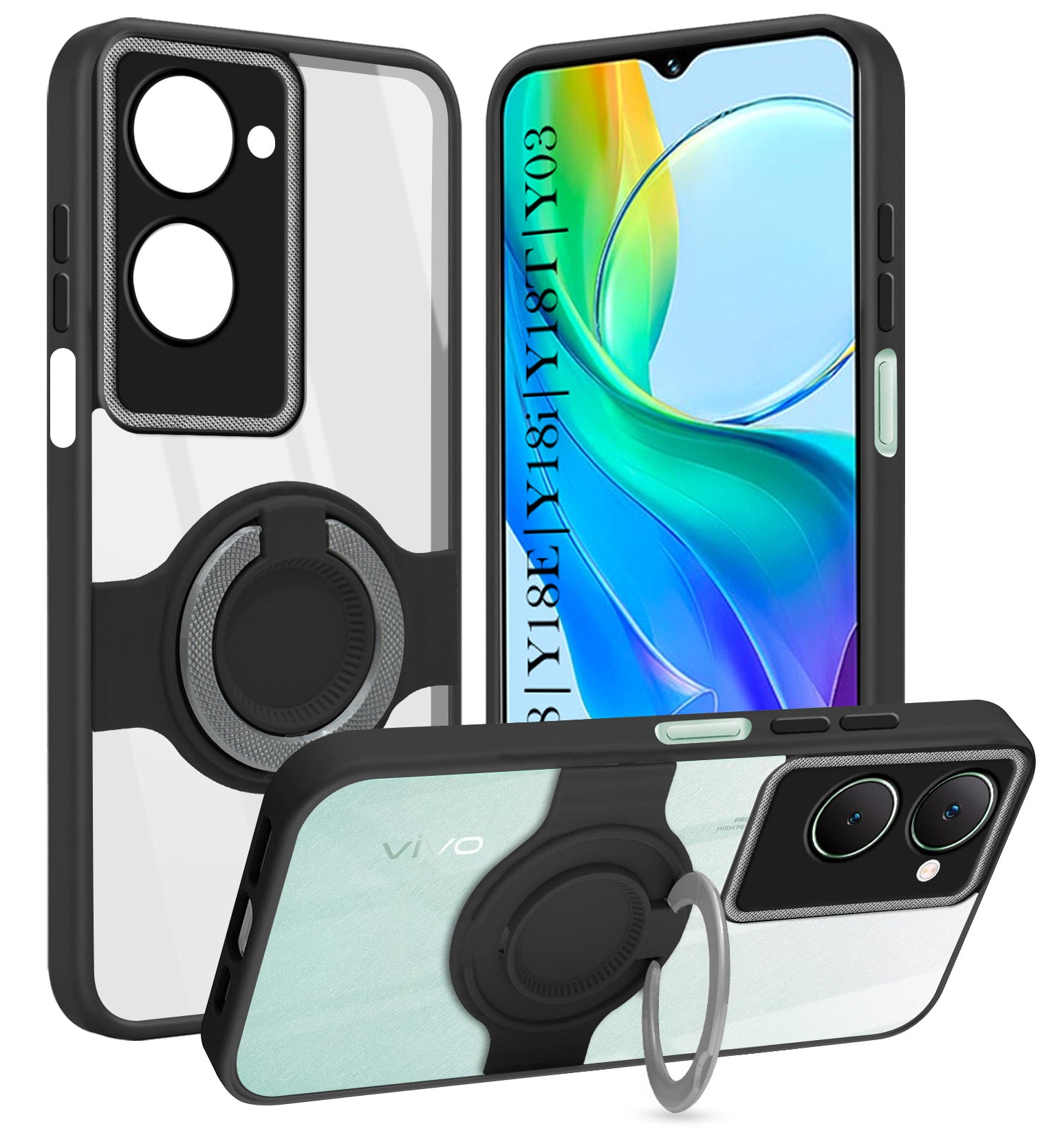 For Vivo Y18 | Y18e | Y03 | Y18i | Y18t Back Cover Case with stand (Built-in Ring Holder Kickstand | Lifetime Anti Yellow | Camera Protection)