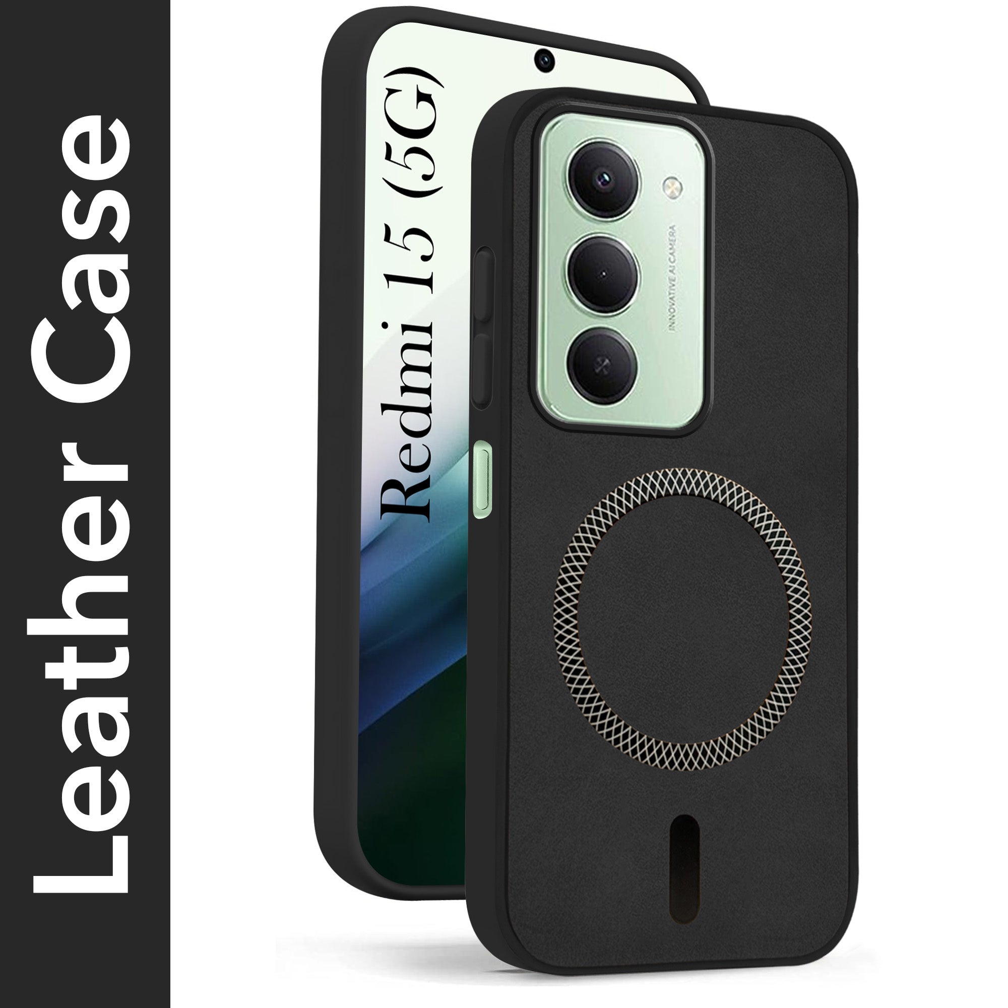 For Redmi 15 Back Cover Case Leather Finish (MagSafe Compatible Wireless Charging | Soft Touch | Camera Bump Protection)