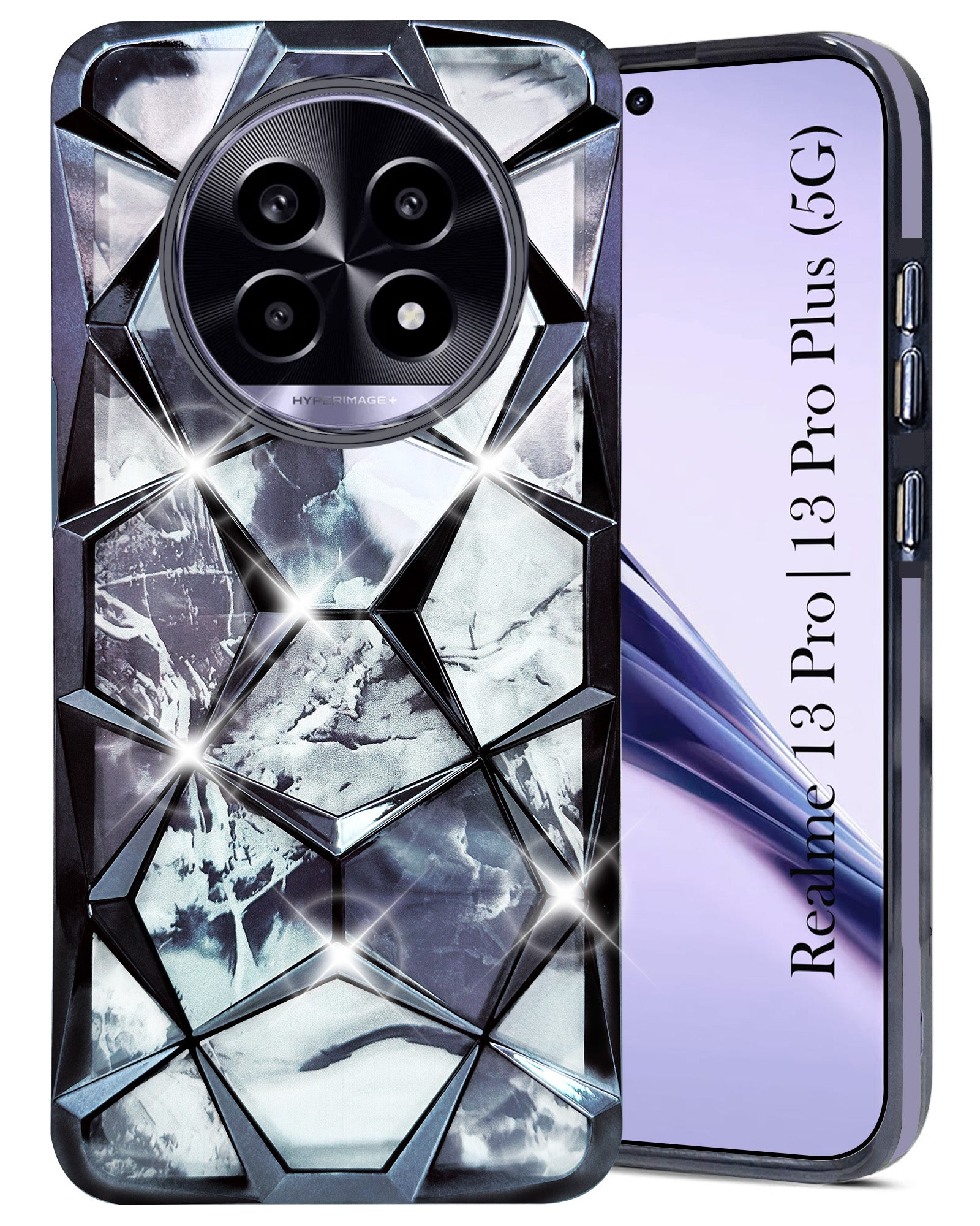 For Realme 13 Pro | Realme 13 Pro Plus Back Cover Case (Dual Design Glitter Sparkle and Detachable Diamond Print Case | Soft and Flexible)