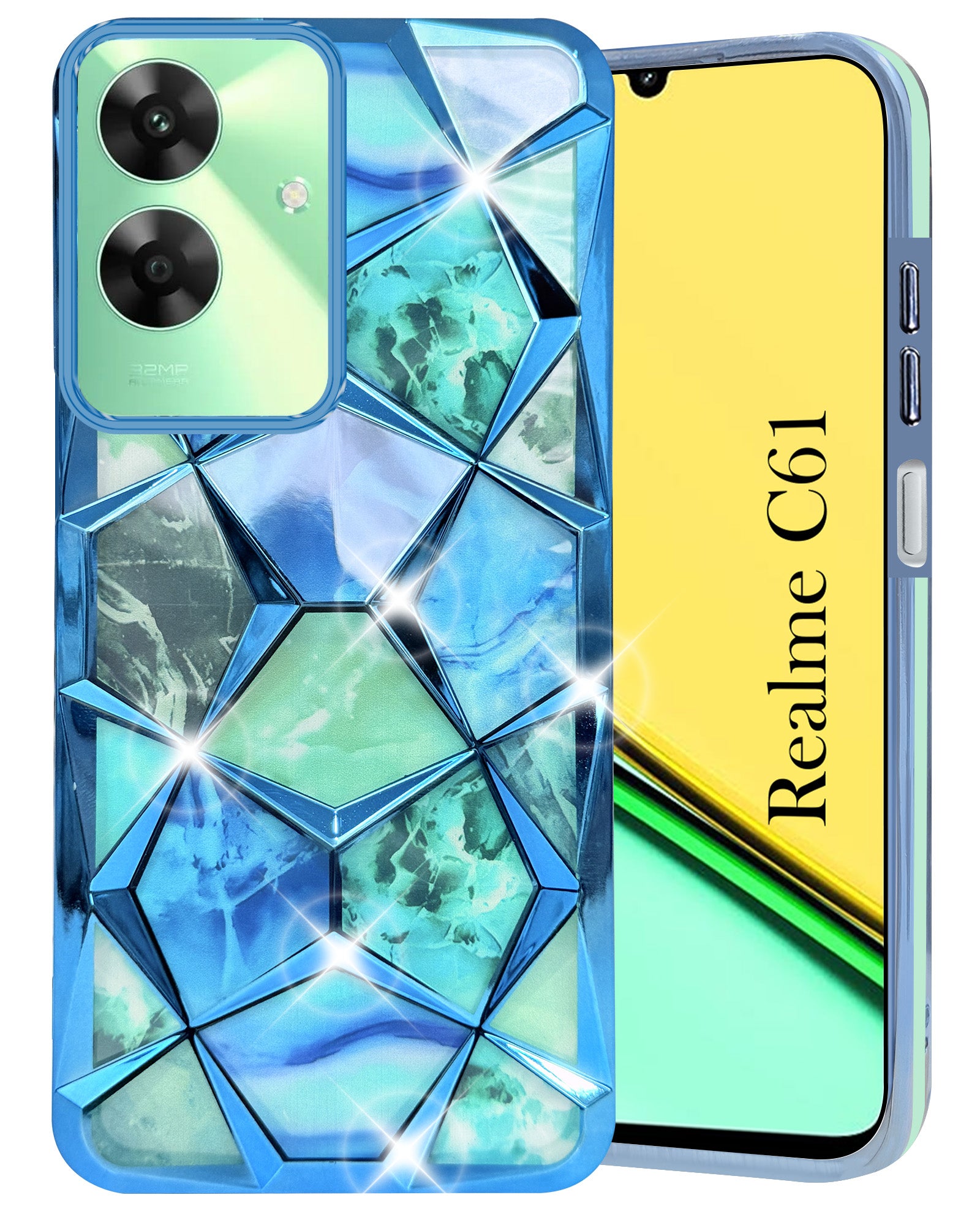 For Realme C61 | Realme Narzo N61 Back Cover Case (Dual Design Glitter Sparkle and Detachable Diamond Print Case | Soft and Flexible)
