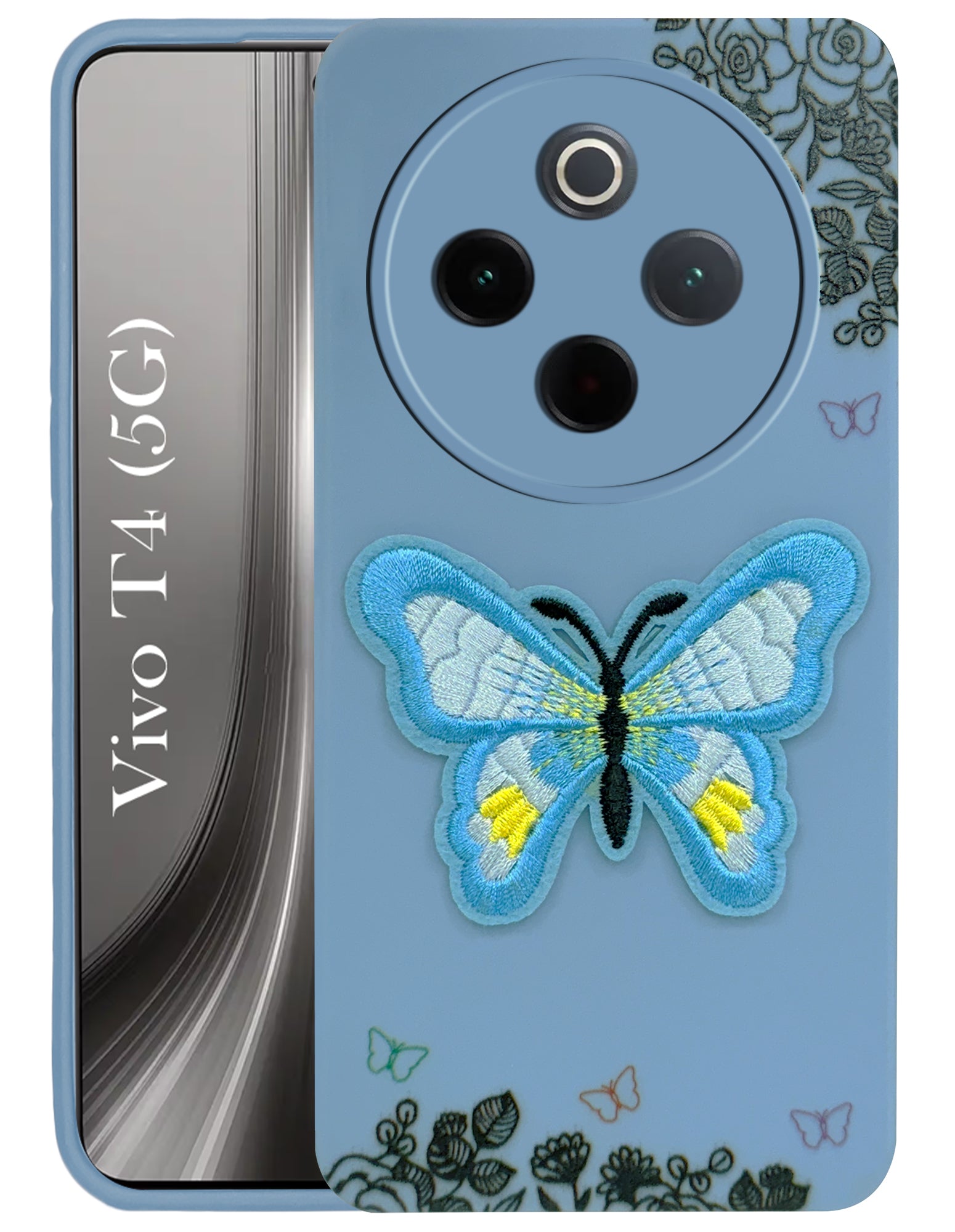For Vivo T4 Back Cover Case (Soft Butterfly Embroidery | Women Teen Girls | Camera Protection| Matte Silicone)