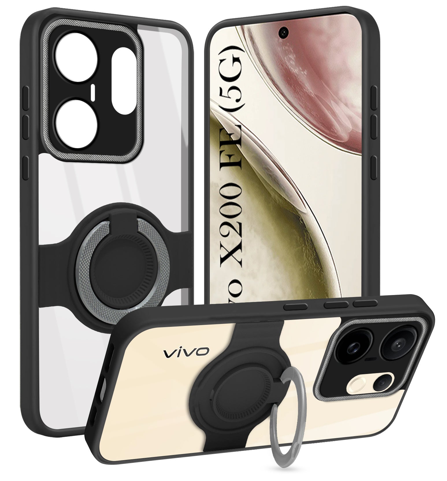 For Vivo X200 FE Back Cover Case with stand (Built-in Ring Holder Kickstand | Lifetime Anti Yellow | Camera Protection)