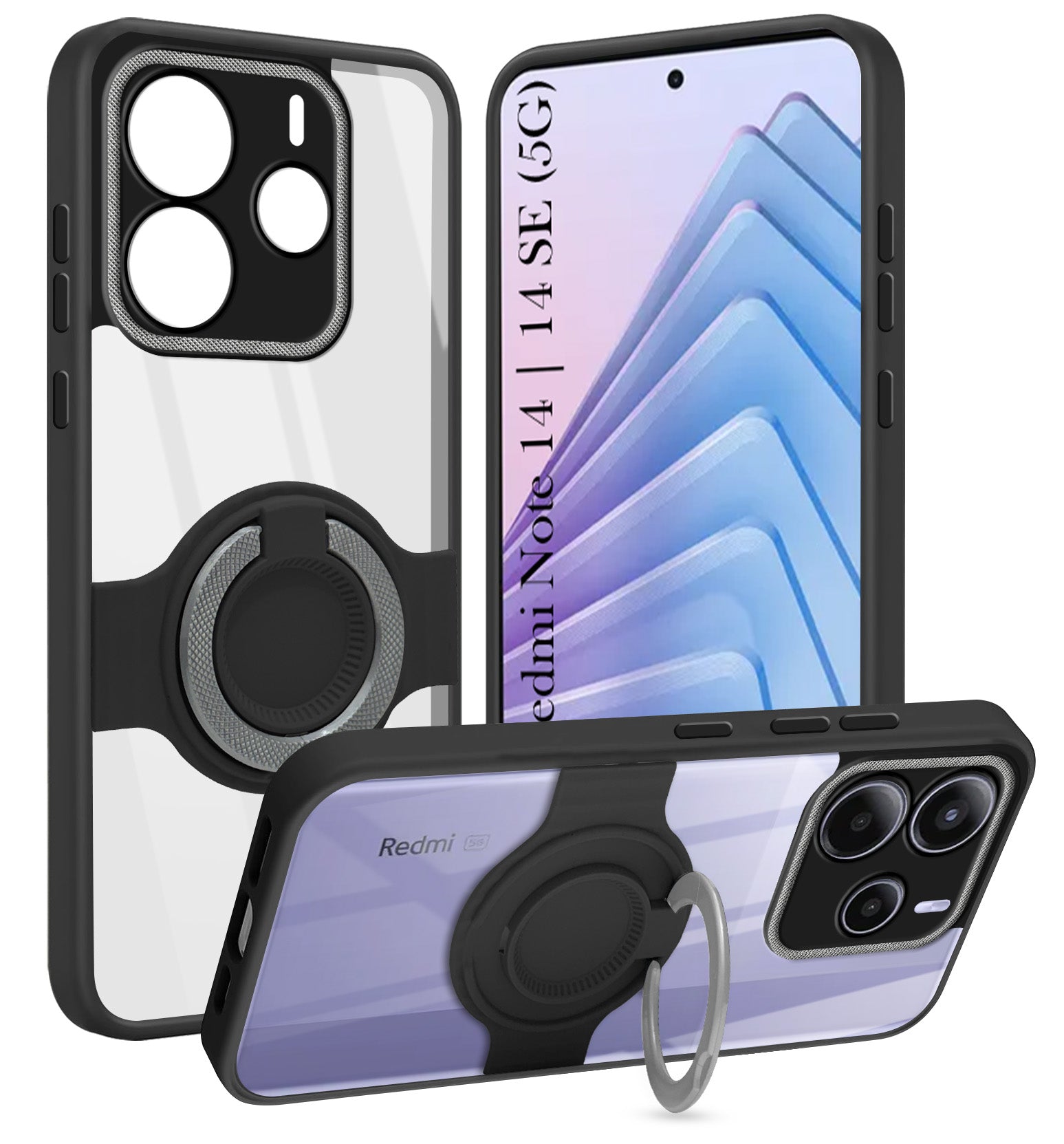 For Redmi Note 14 5G | Redmi Note 14 SE Back Cover Case with stand (Built-in Ring Holder Kickstand | Lifetime Anti Yellow | Camera Protection)