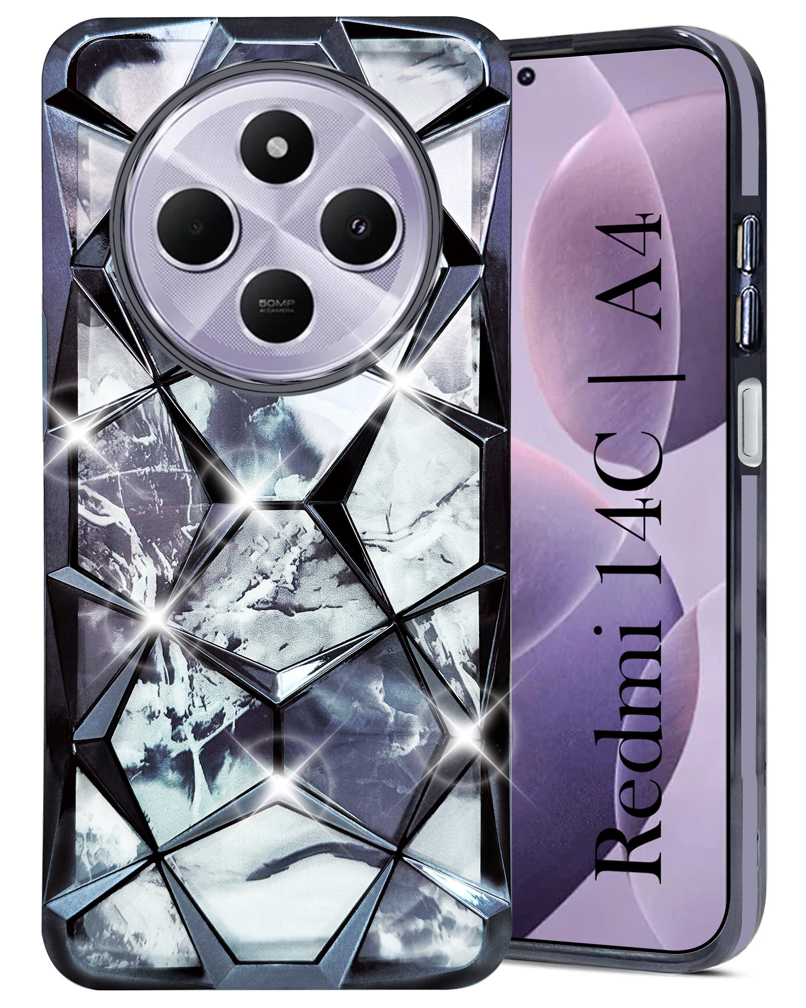 For Redmi A4 5G | Xiaomi Redmi 14C Back Cover Case ( Dual Design Glitter Sparkle and Detachable Diamond Print Case | Soft and Flexible)