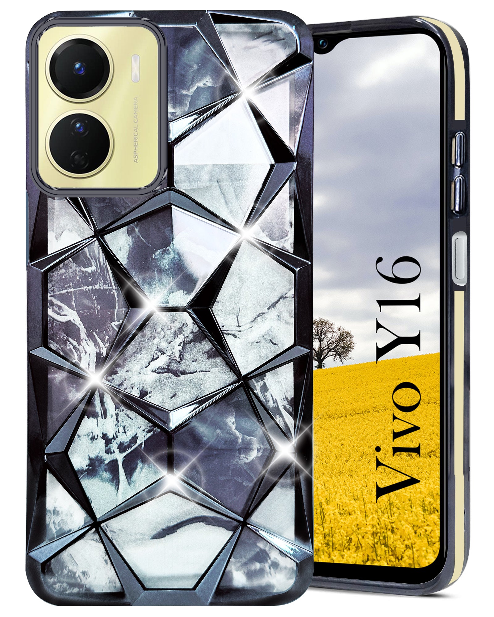 For Vivo Y16 Back Cover Case (Dual Design Glitter Sparkle and Detachable Diamond Print Case | Soft and Flexible)