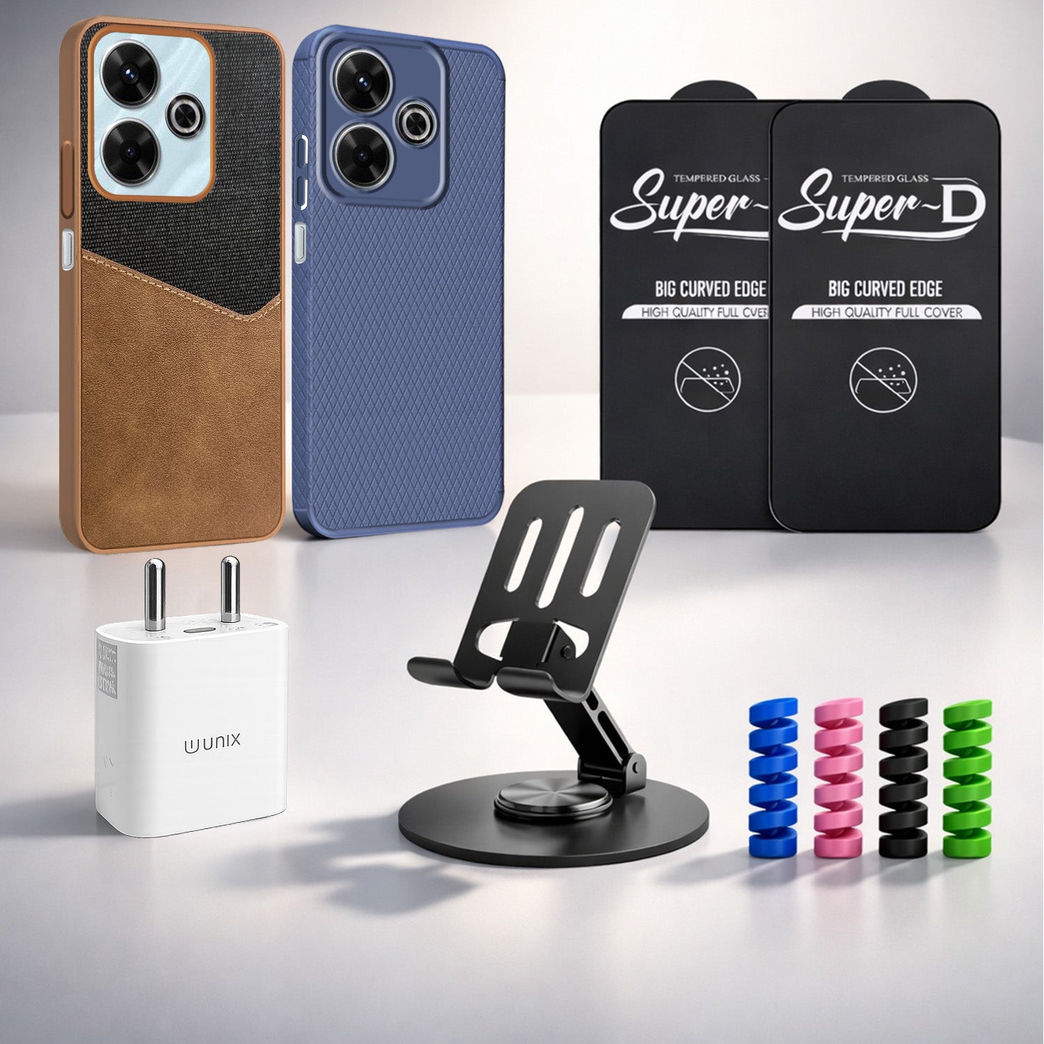 Complete Mobile Care Kit (Get Any 2 Cases+2 Tempered Glass+25W Charger Adapter+Metallic Mobile Stand+Cable Protector)