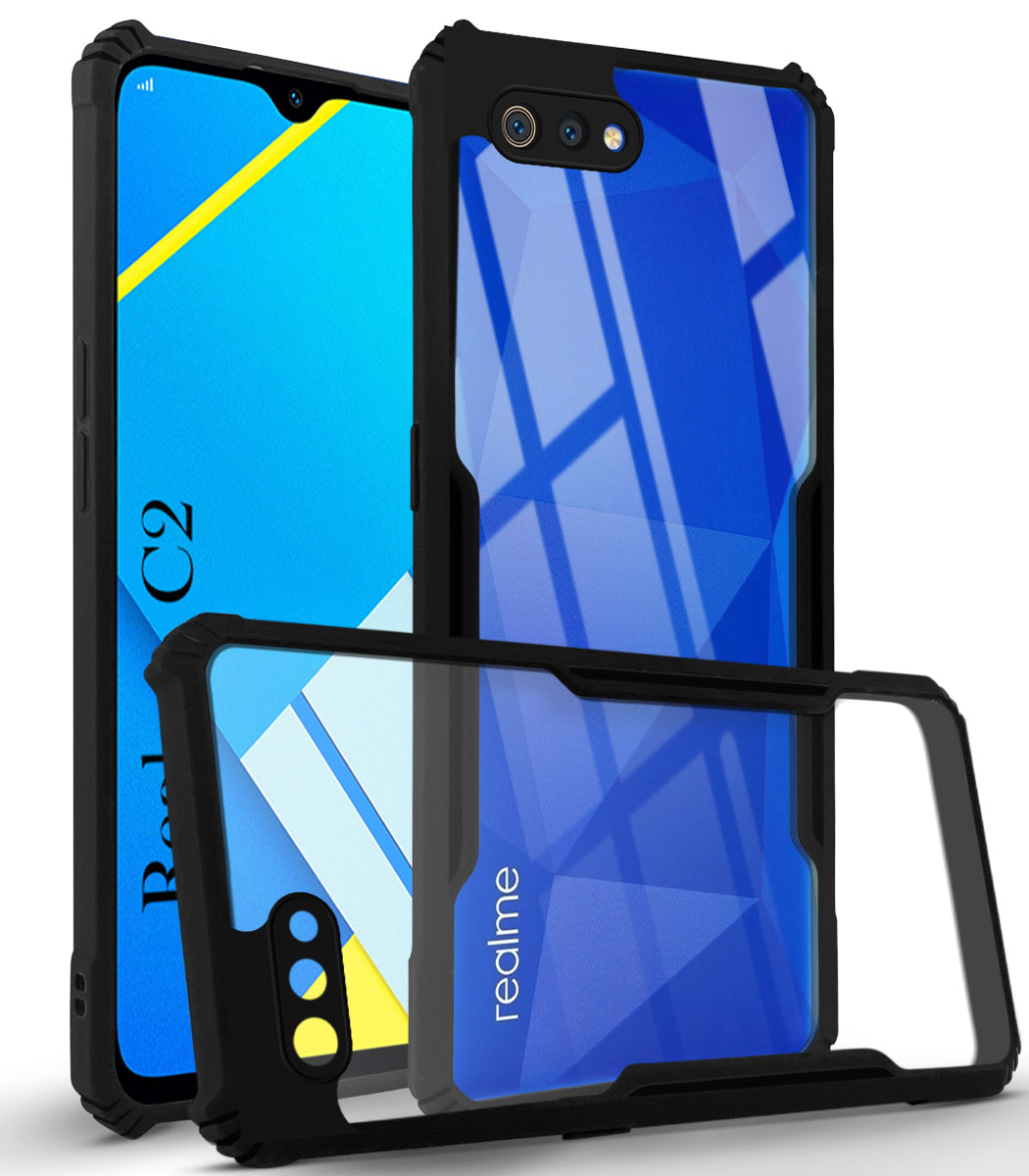 For Realme C2 Back Cover Case ( Shockproof with Polycarbonate Clear Panel | Professional Black)