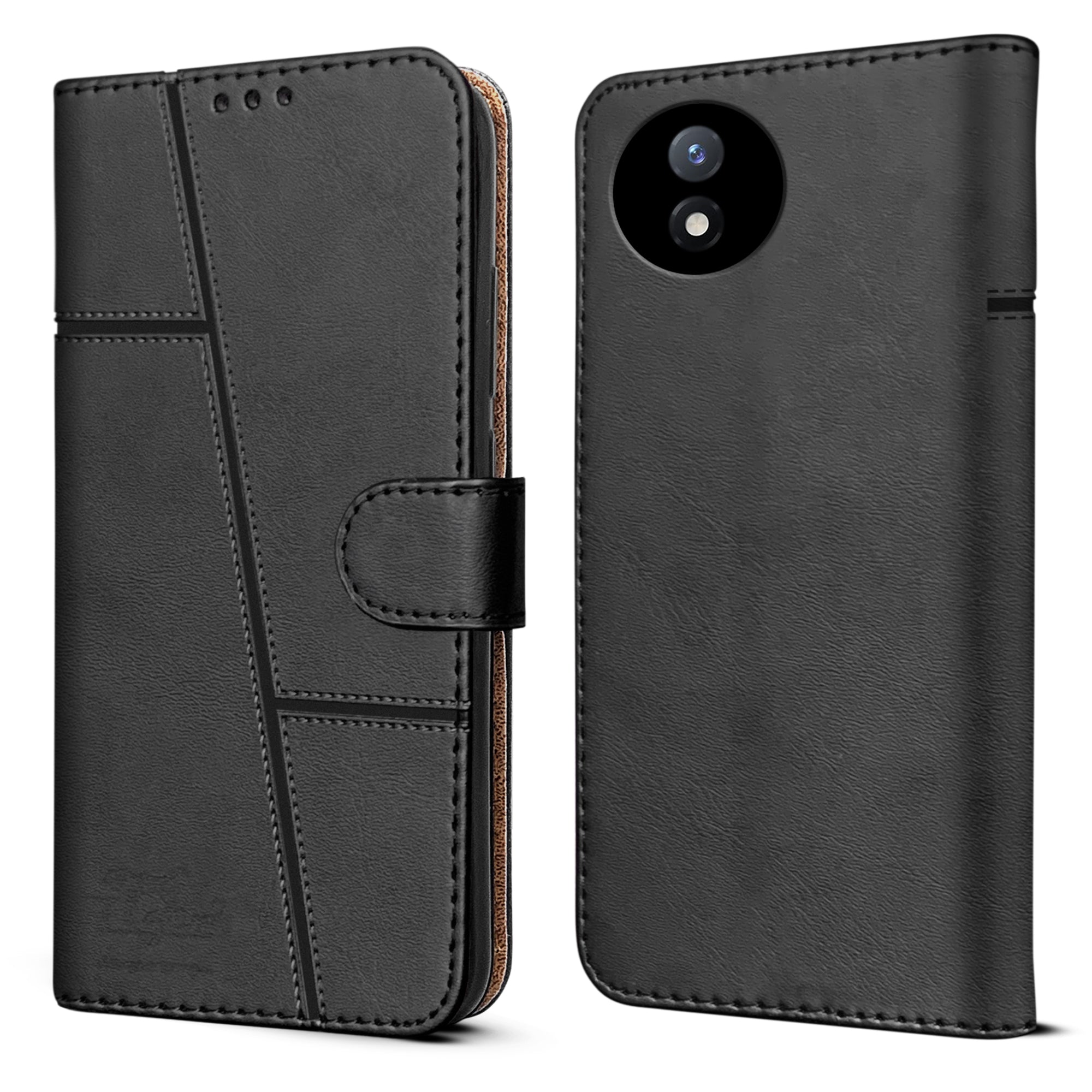 For Vivo Y02 Flip Cover Case (Stitched Leather Finish | Magnetic Closure | Inner TPU | Foldable Stand | Wallet Card Slots)
