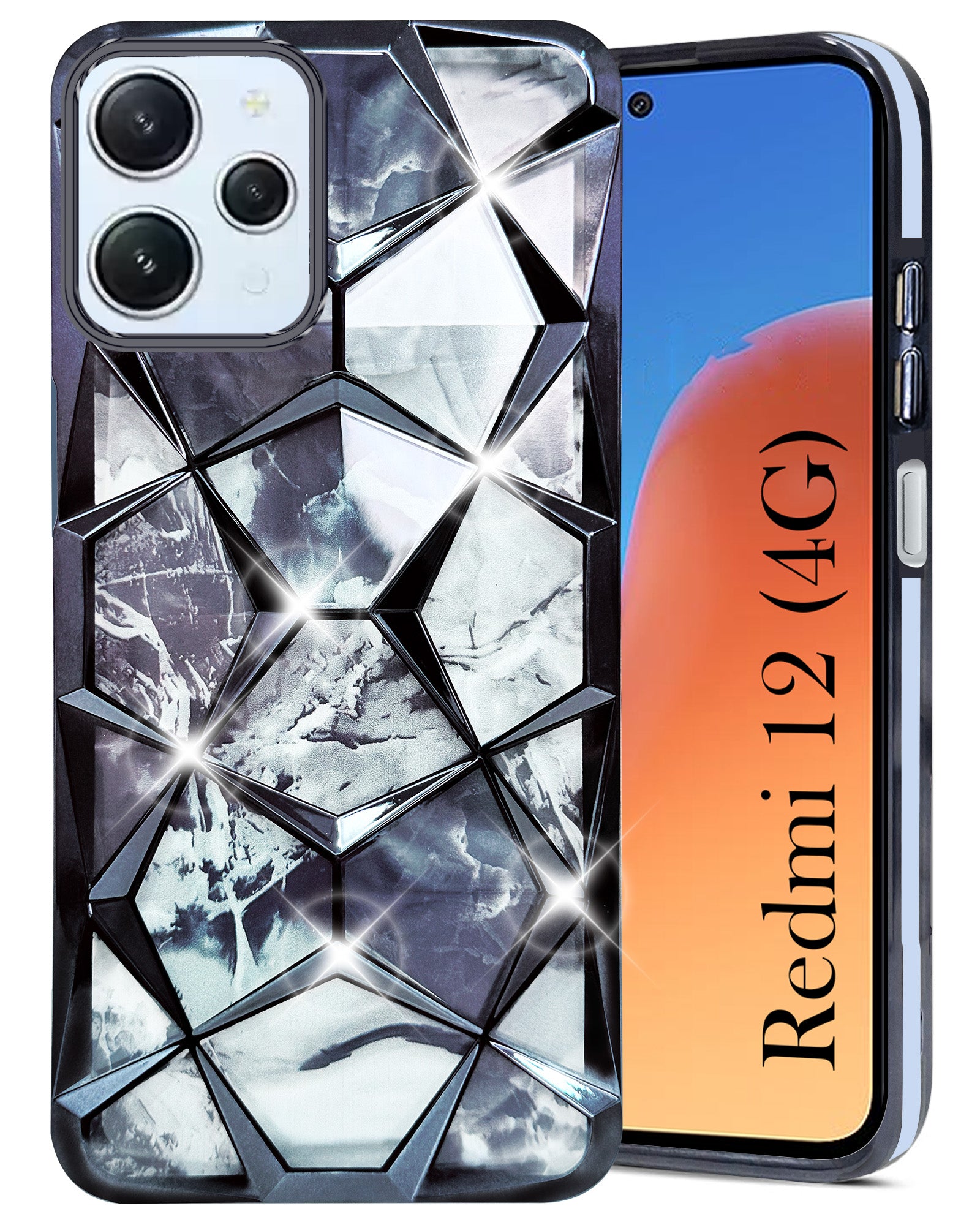 For Redmi 12 4G Back Cover Case (Dual Design Glitter Sparkle and Detachable Diamond Print Case | Soft and Flexible)