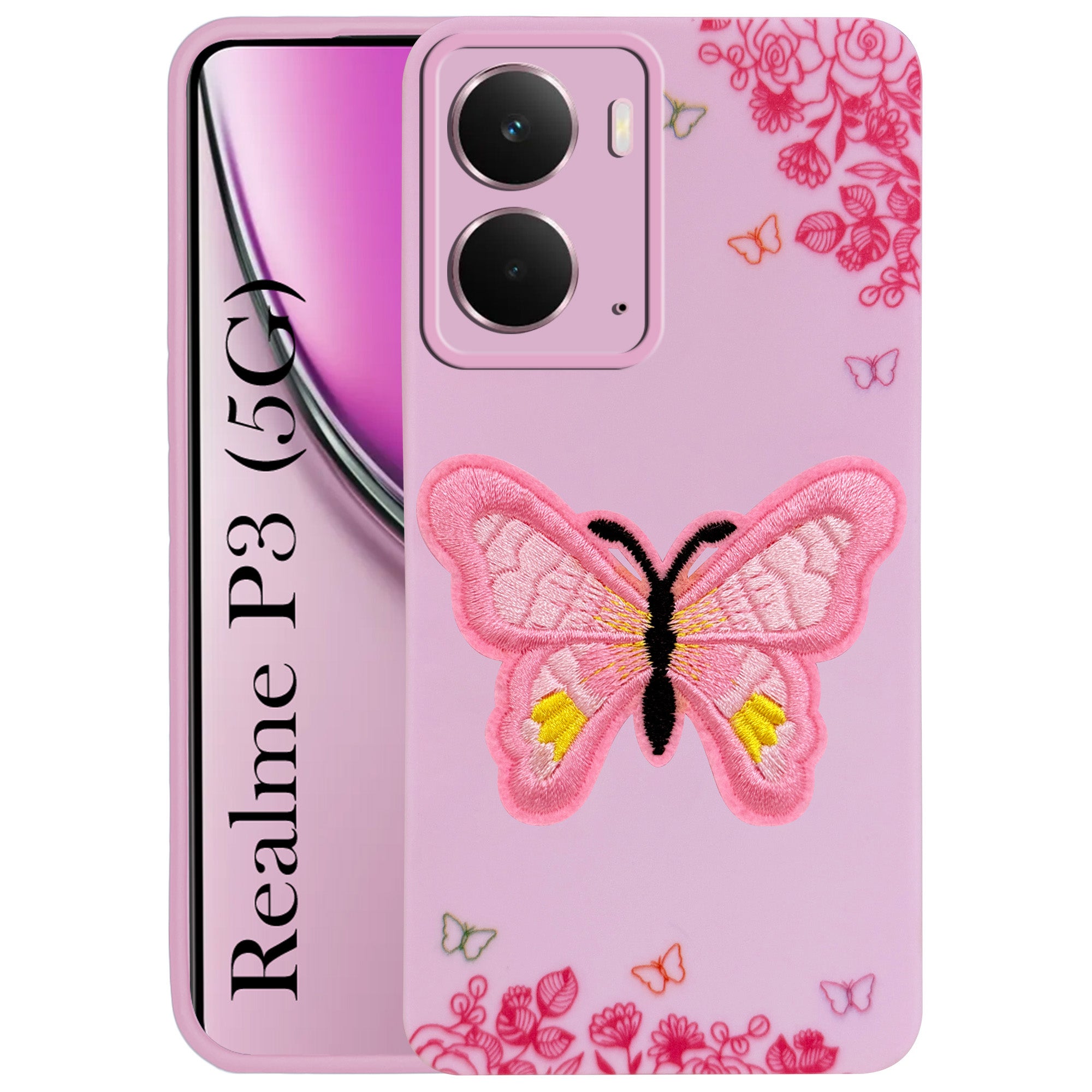 For Realme P3 Back Cover Case (Soft Butterfly Embroidery | Women Teen Girls | Camera Protection| Matte Silicone)
