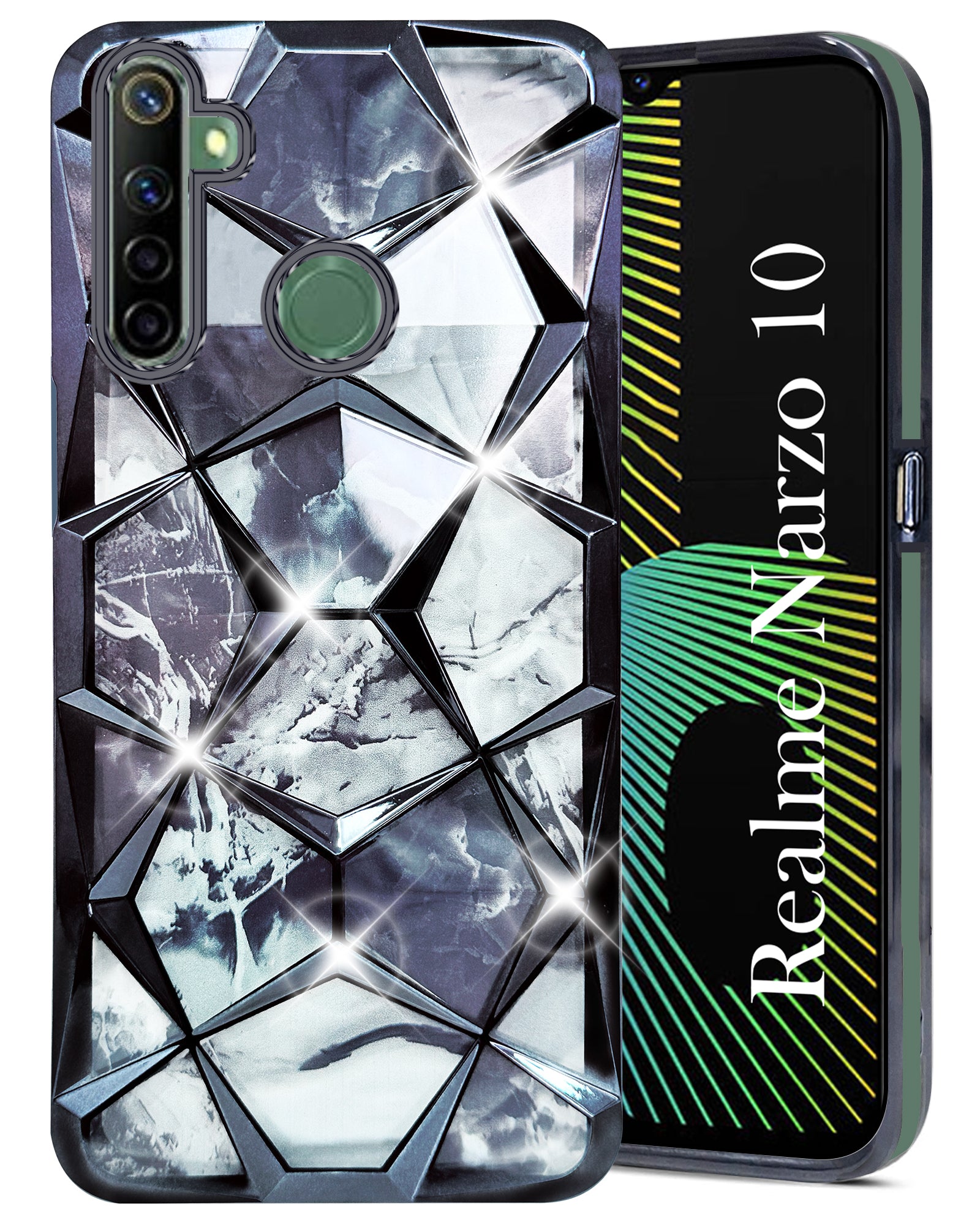 For Realme Narzo 10 Back Cover Case (Dual Design Glitter Sparkle and Detachable Diamond Print Case | Soft and Flexible)