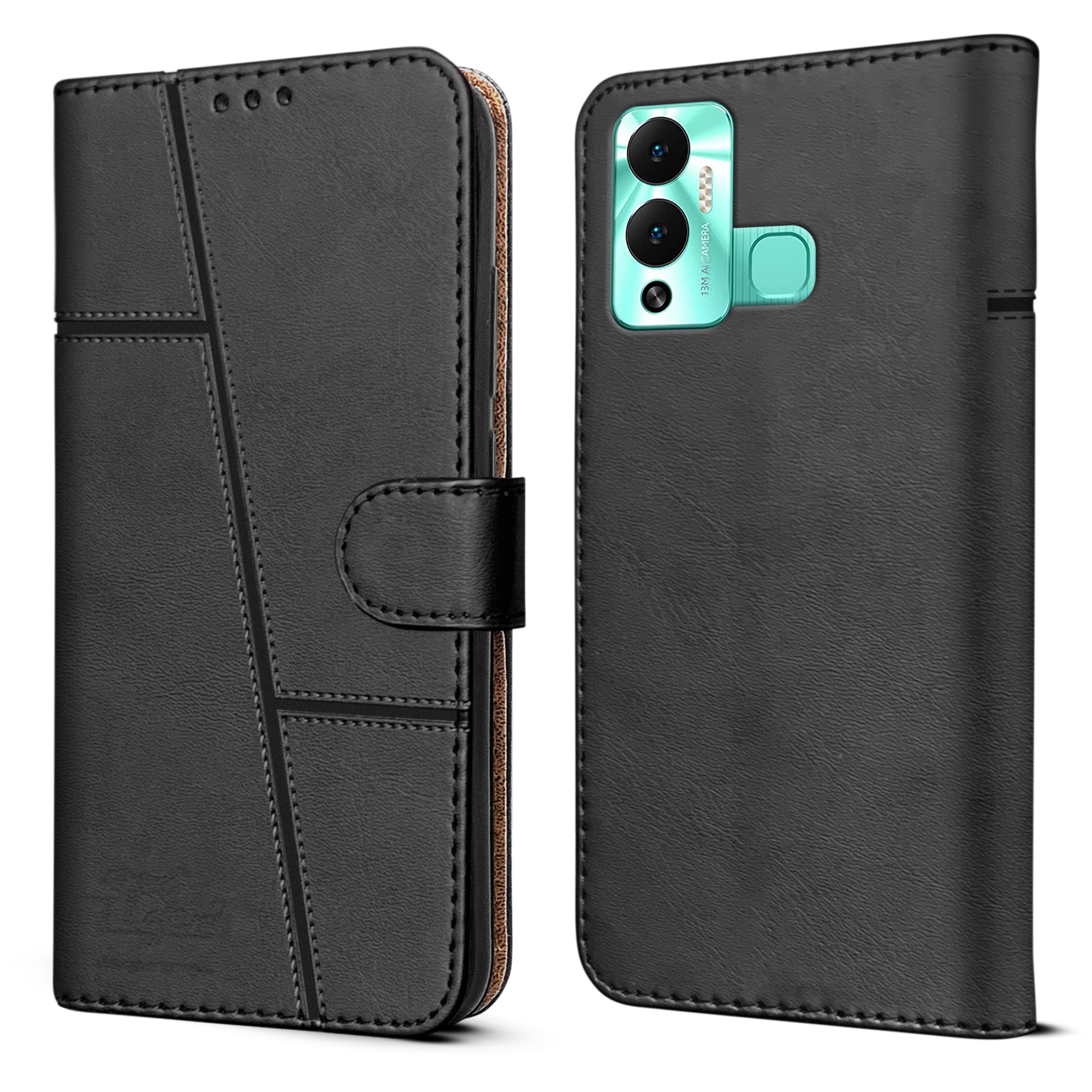 For Infinix Hot 12 Play Flip Cover Case (Stitched Leather with Magnetic Closure)