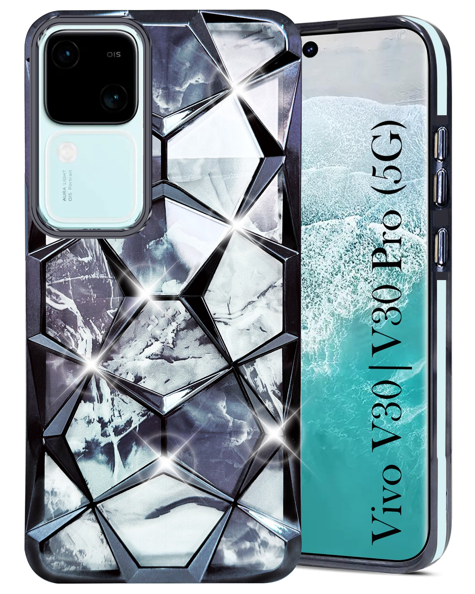 For Vivo V30 | Vivo V30 Pro 5G Back Cover Case (Dual Design Glitter Sparkle and Detachable Diamond Print Case | Soft and Flexible)