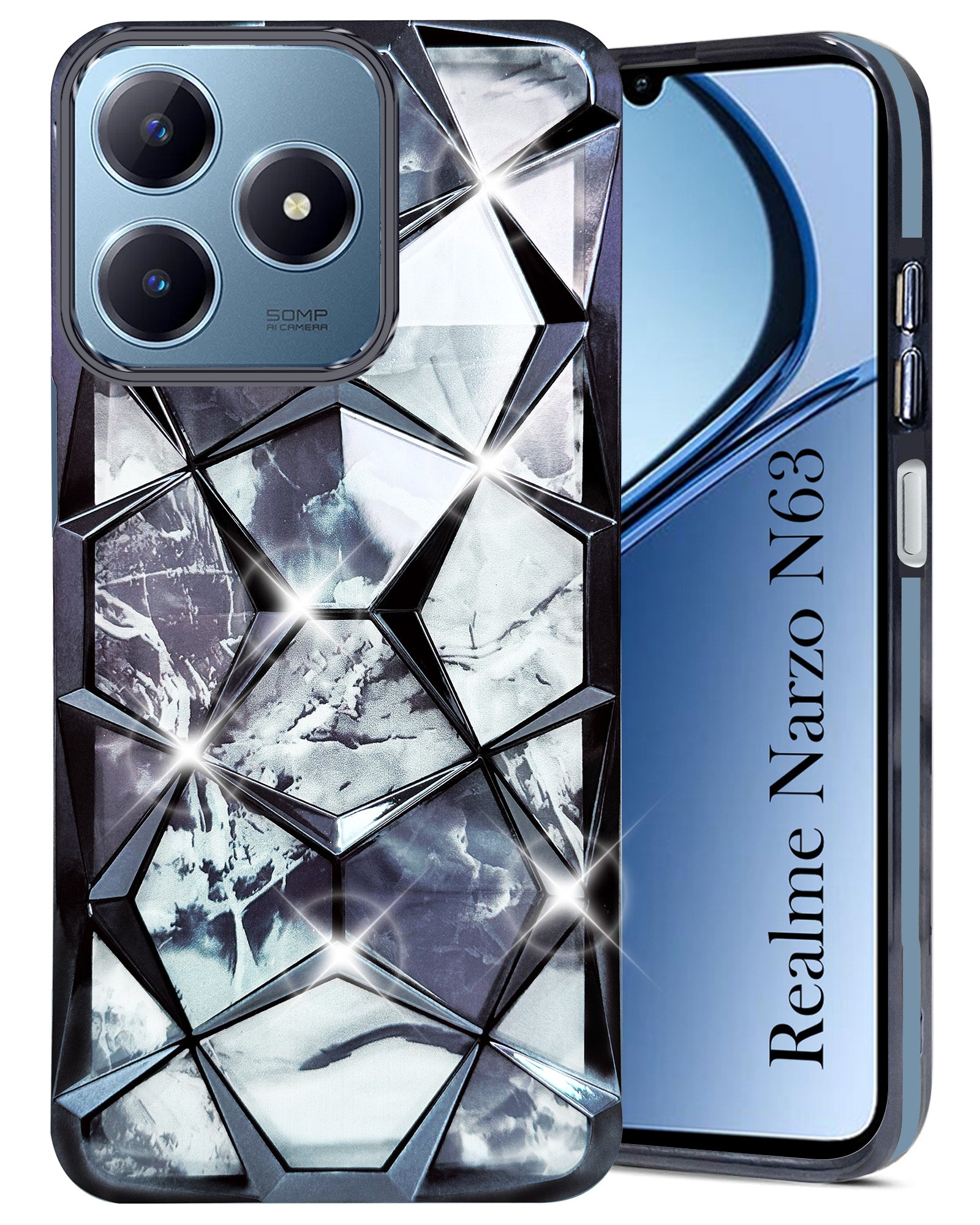 For Realme Narzo N63 Back Cover Case ( Dual Design Glitter Sparkle and Detachable Diamond Print Case | Soft and Flexible)