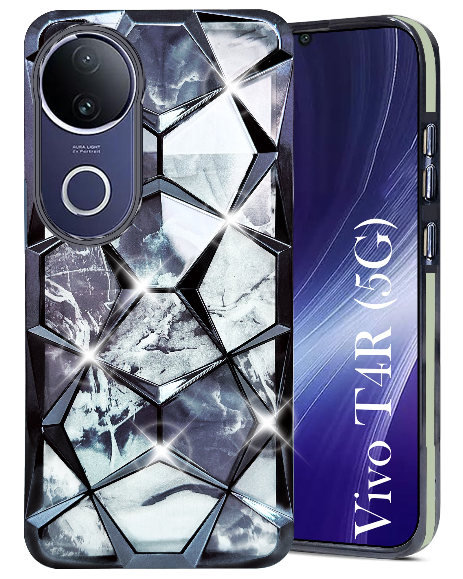 For Vivo T4R Back Cover Case ( Dual Design Glitter Sparkle and Detachable Diamond Print Case | Soft and Flexible)