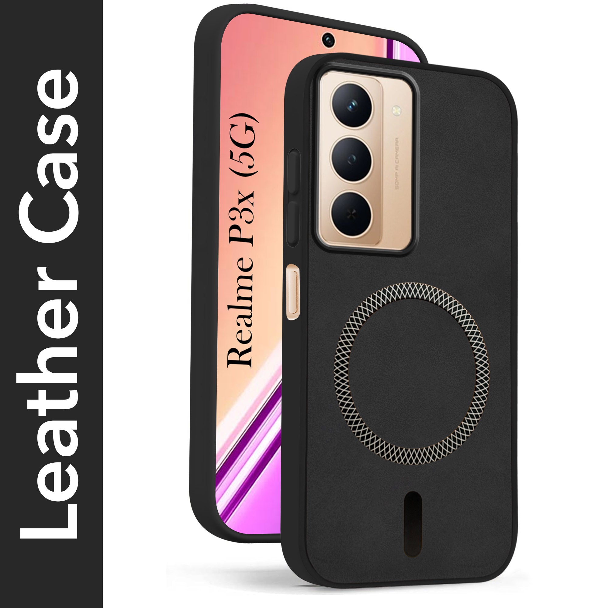 For Realme P3x Back Cover Case Leather Finish (MagSafe Compatible Wireless Charging | Soft Touch | Camera Bump Protection)