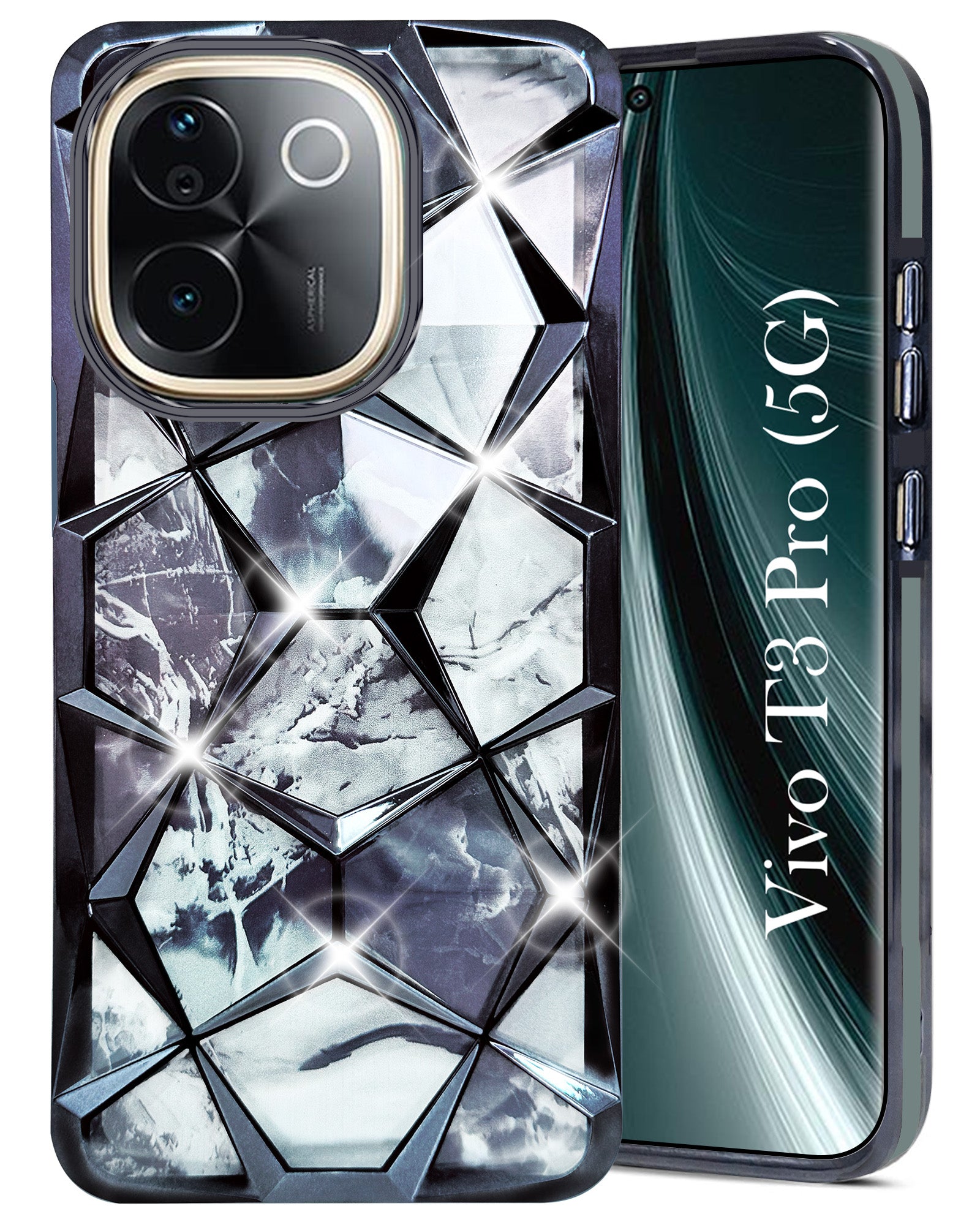 For Vivo T3 Pro Back Cover Case ( Dual Design Glitter Sparkle and Detachable Diamond Print Case | Soft and Flexible)