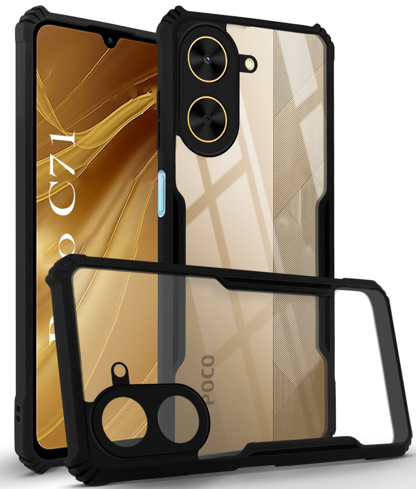 For Poco C71 Back Cover Case (Shockproof with Polycarbonate Clear Panel | Professional Black)