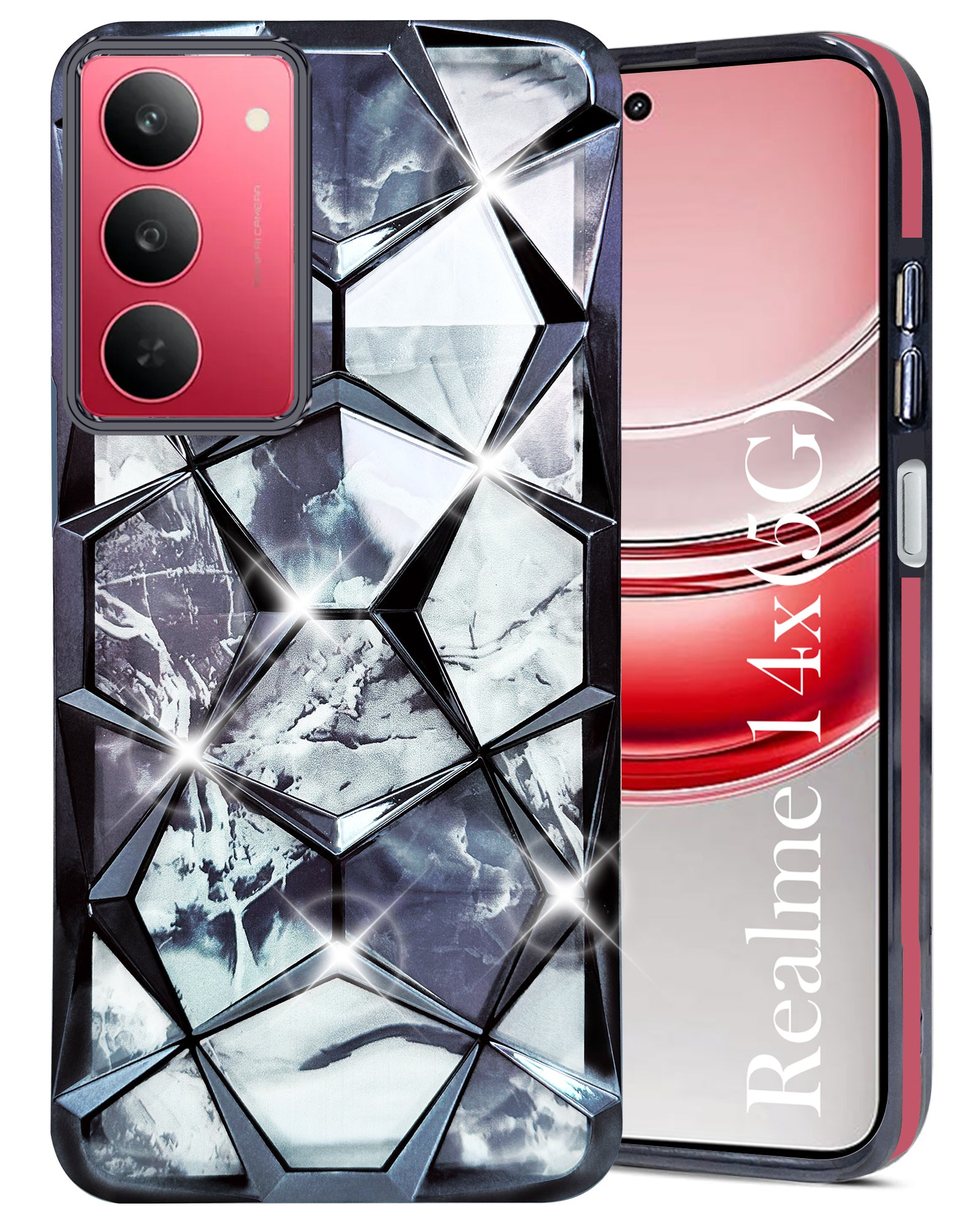 For Realme 14X Back Cover Case Girls (Dual Design Glitter Sparkle and Detachable Diamond Print Case | Soft and Flexible)