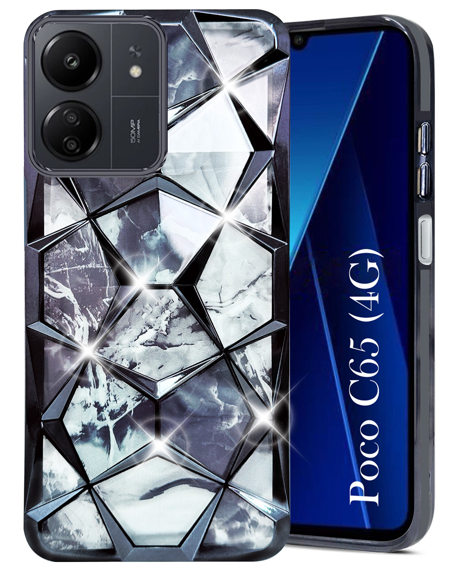 For Poco C65 Back Cover Case (Dual Design Glitter Sparkle and Detachable Diamond Print Case | Soft and Flexible)