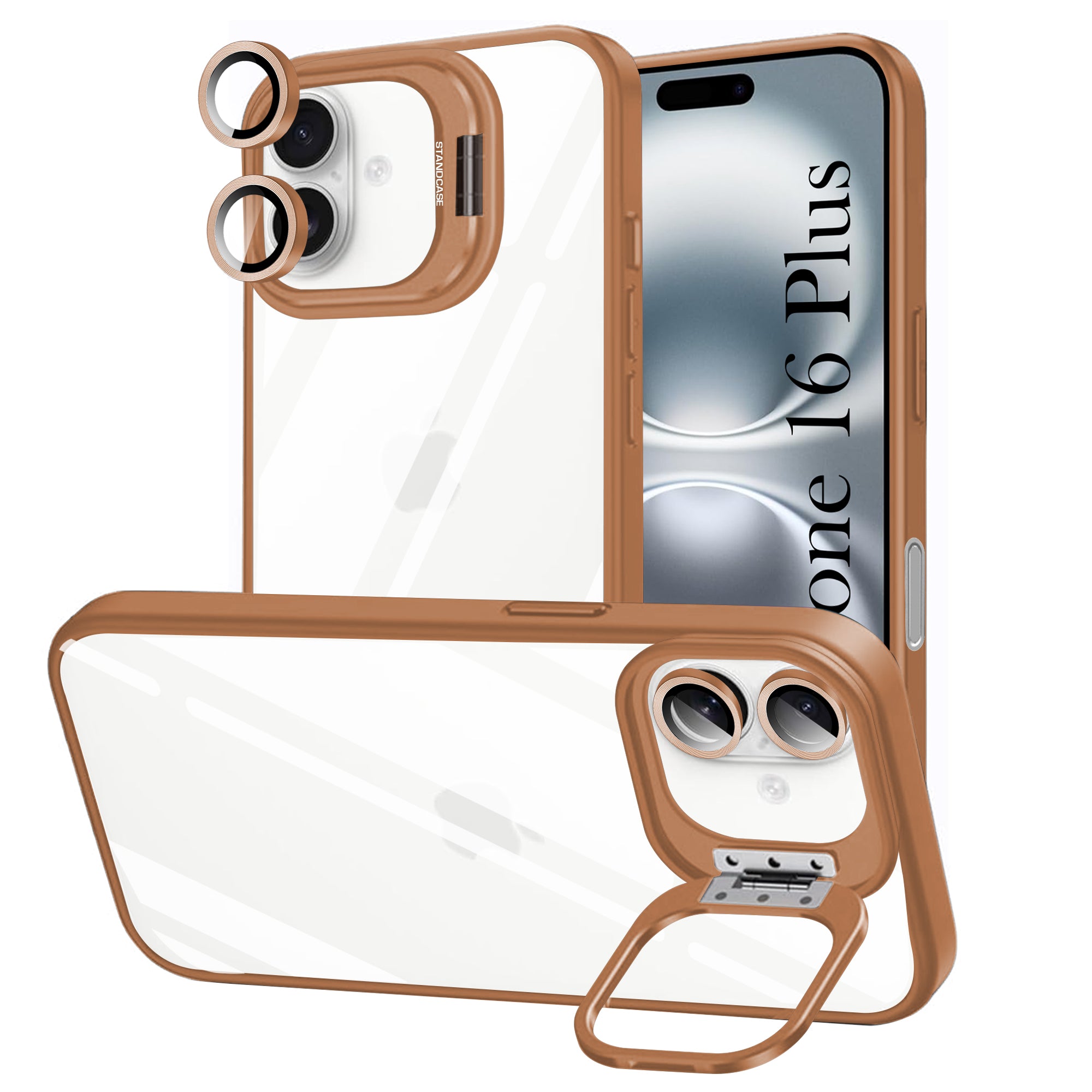 For Apple iPhone 16 Plus Back Cover Case (Camera Lens Glass | Metal Stand Holder | Shockproof Hybrid | Anti Yellow)