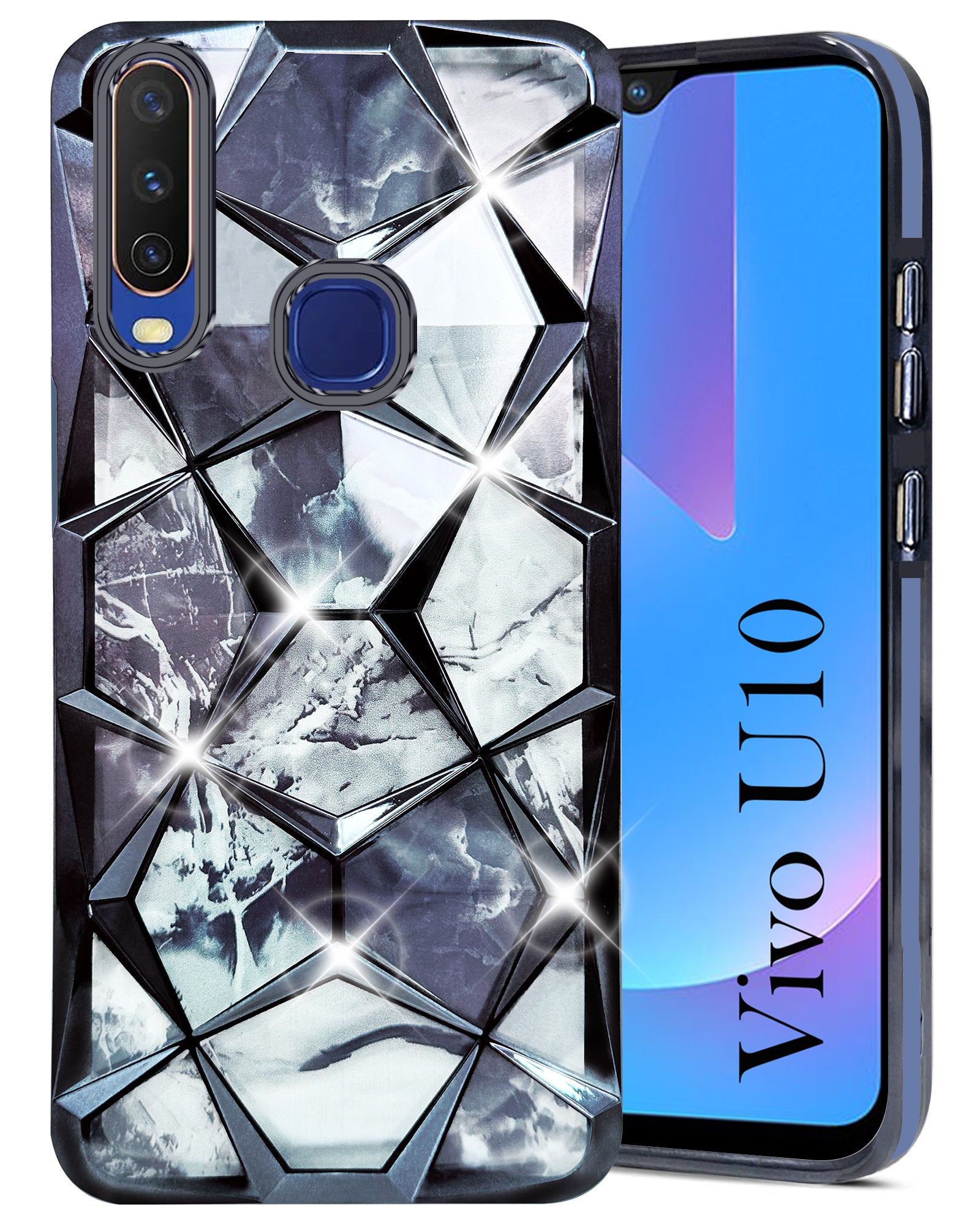 For Vivo U10 Back Cover Case (Dual Design Glitter Sparkle and Detachable Diamond Print Case | Soft and Flexible)