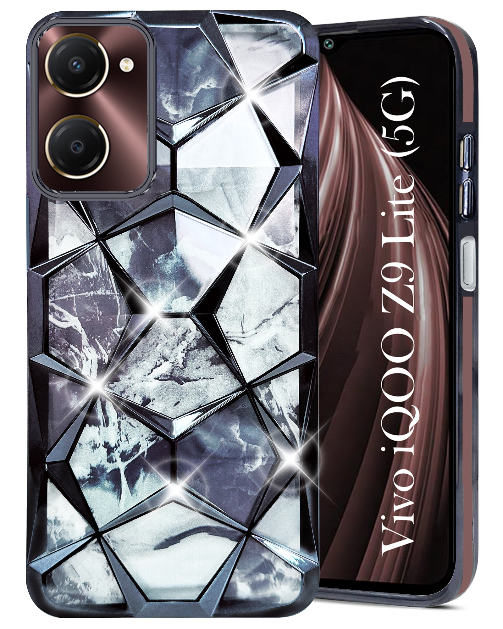 For Vivo iQOO Z9 Lite 5G Back Cover Case (Dual Design Glitter Sparkle and Detachable Diamond Print Case | Soft and Flexible)