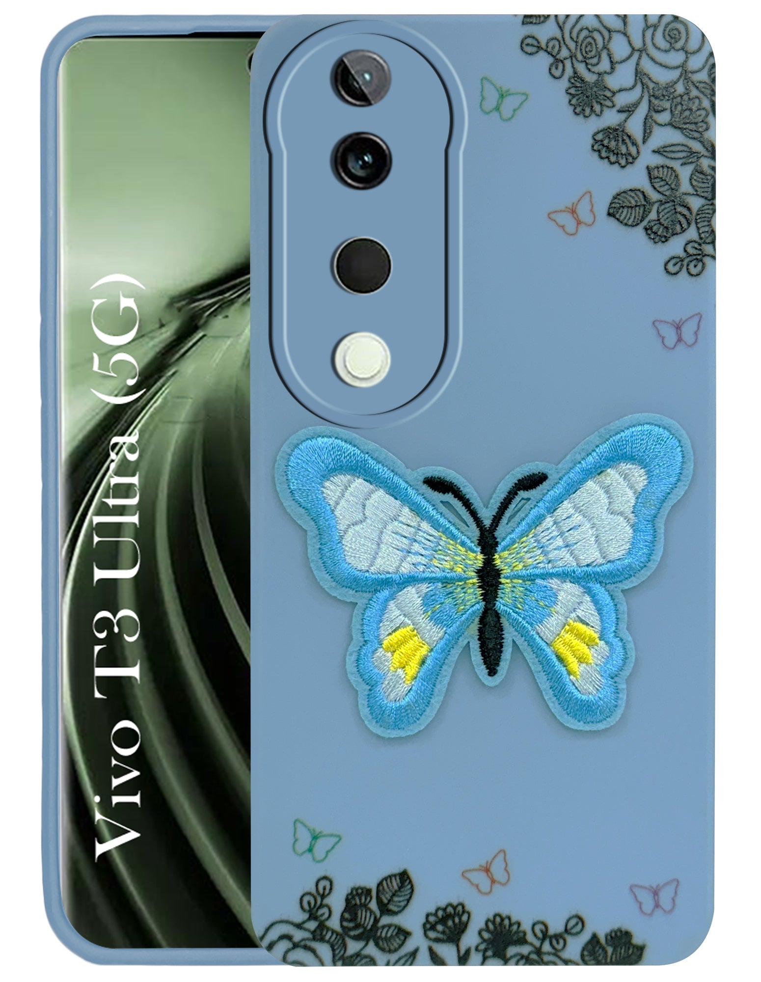 For Vivo T3 Ultra Back Cover Case (Soft Butterfly Embroidery | Women Teen Girls | Camera Protection| Matte Silicone)