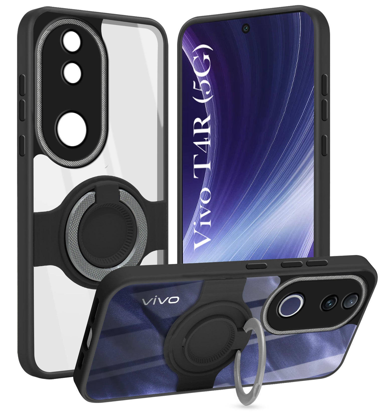 For Vivo T4R Back Cover Case with stand (Built-in Ring Holder Kickstand | Lifetime Anti Yellow | Camera Protection)