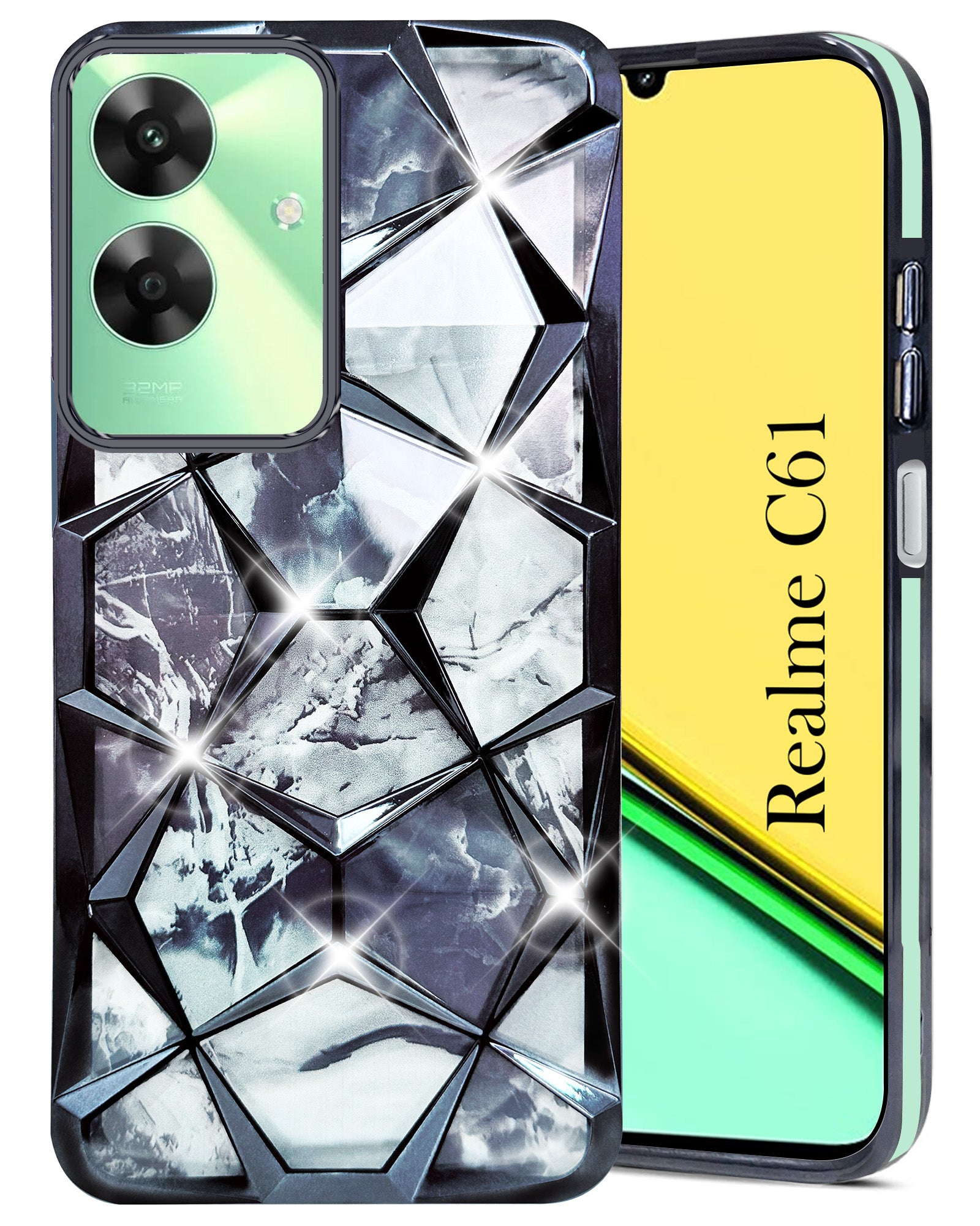 For Realme C61 | Realme Narzo N61 Back Cover Case (Dual Design Glitter Sparkle and Detachable Diamond Print Case | Soft and Flexible)