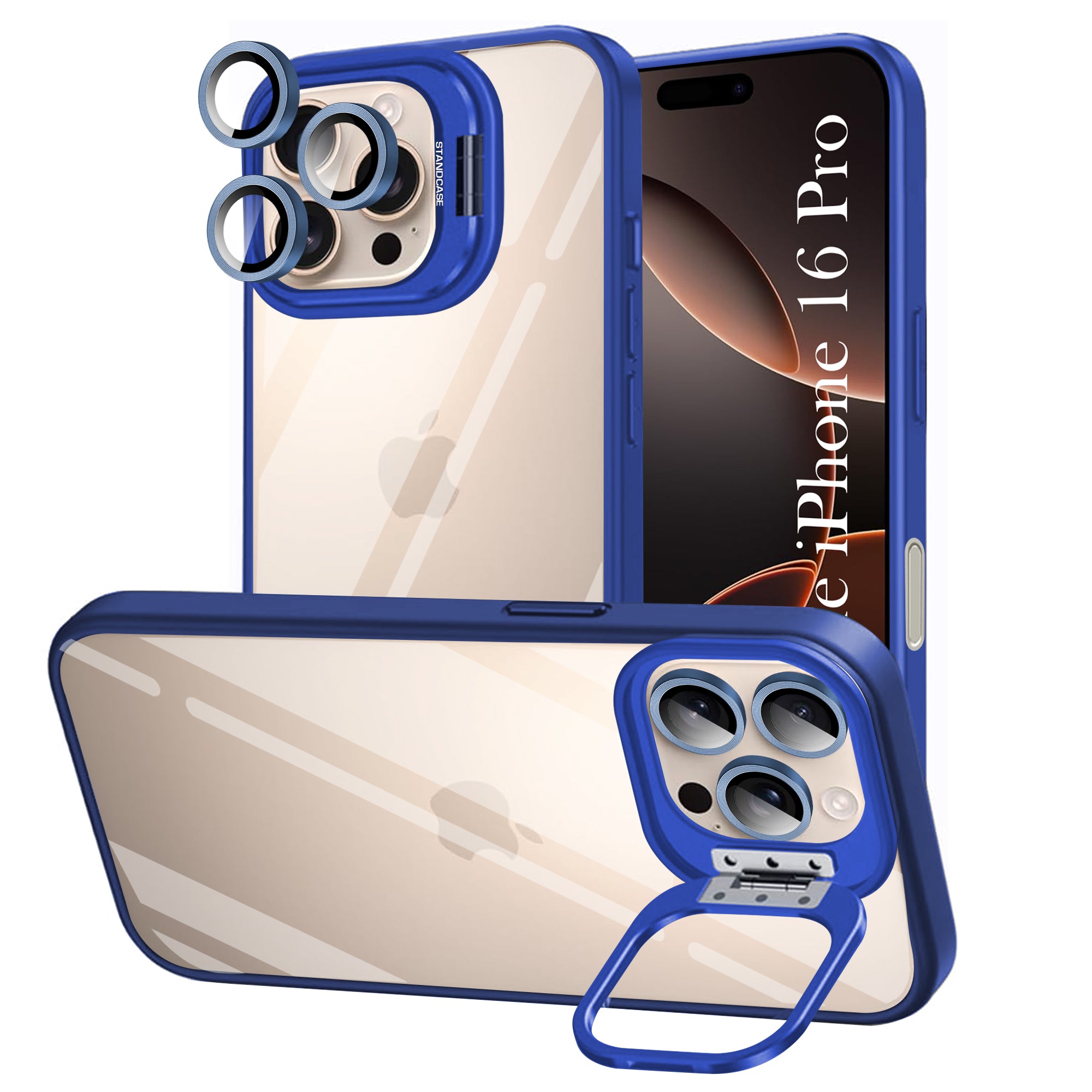 For Apple iPhone 16 Pro Back Cover Case (Camera Lens Glass | Metal Stand Holder | Shockproof Hybrid | Anti Yellow)