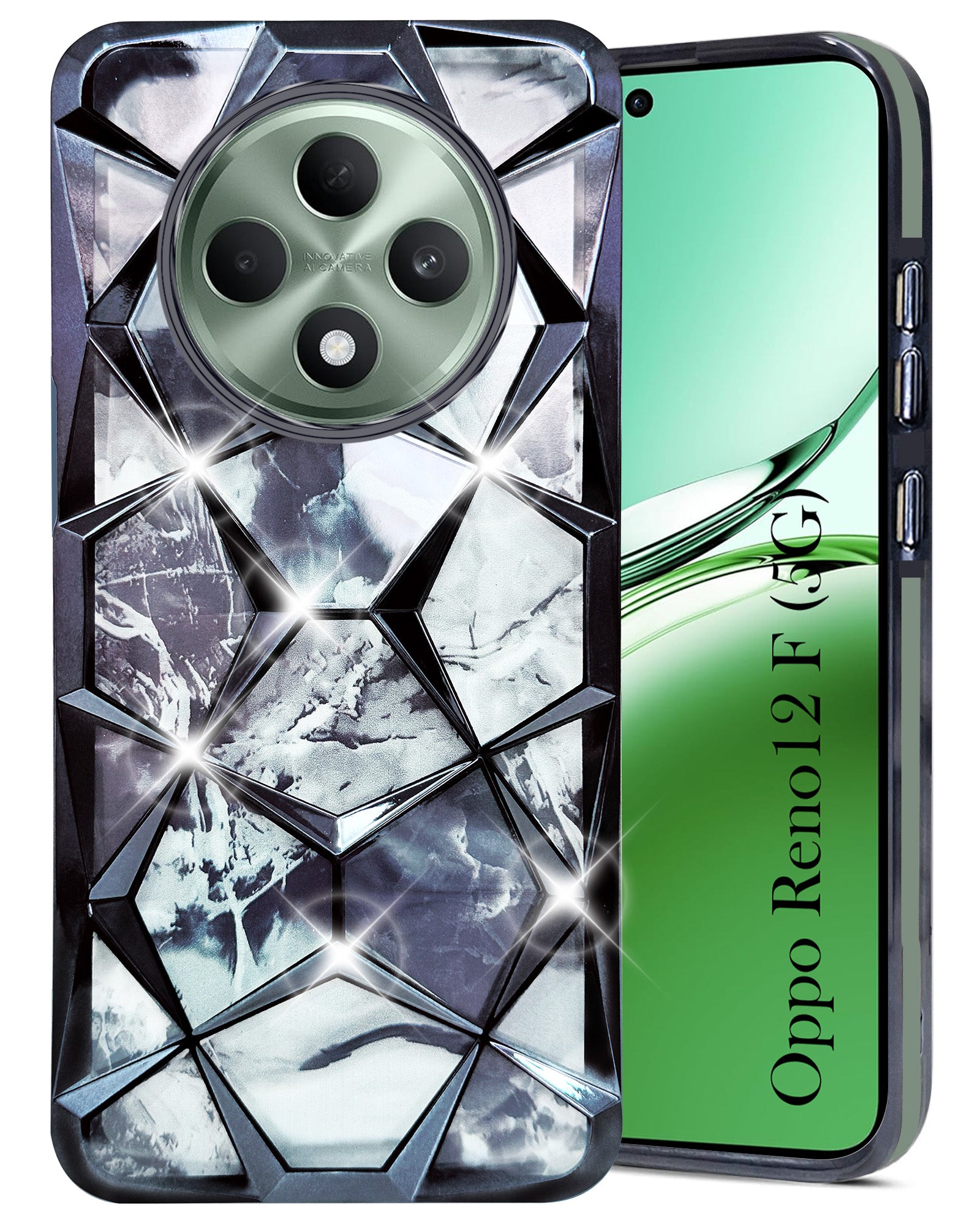 For Oppo Reno 12F Back Cover Case (Dual Design Glitter Sparkle and Detachable Diamond Print Case | Soft and Flexible)