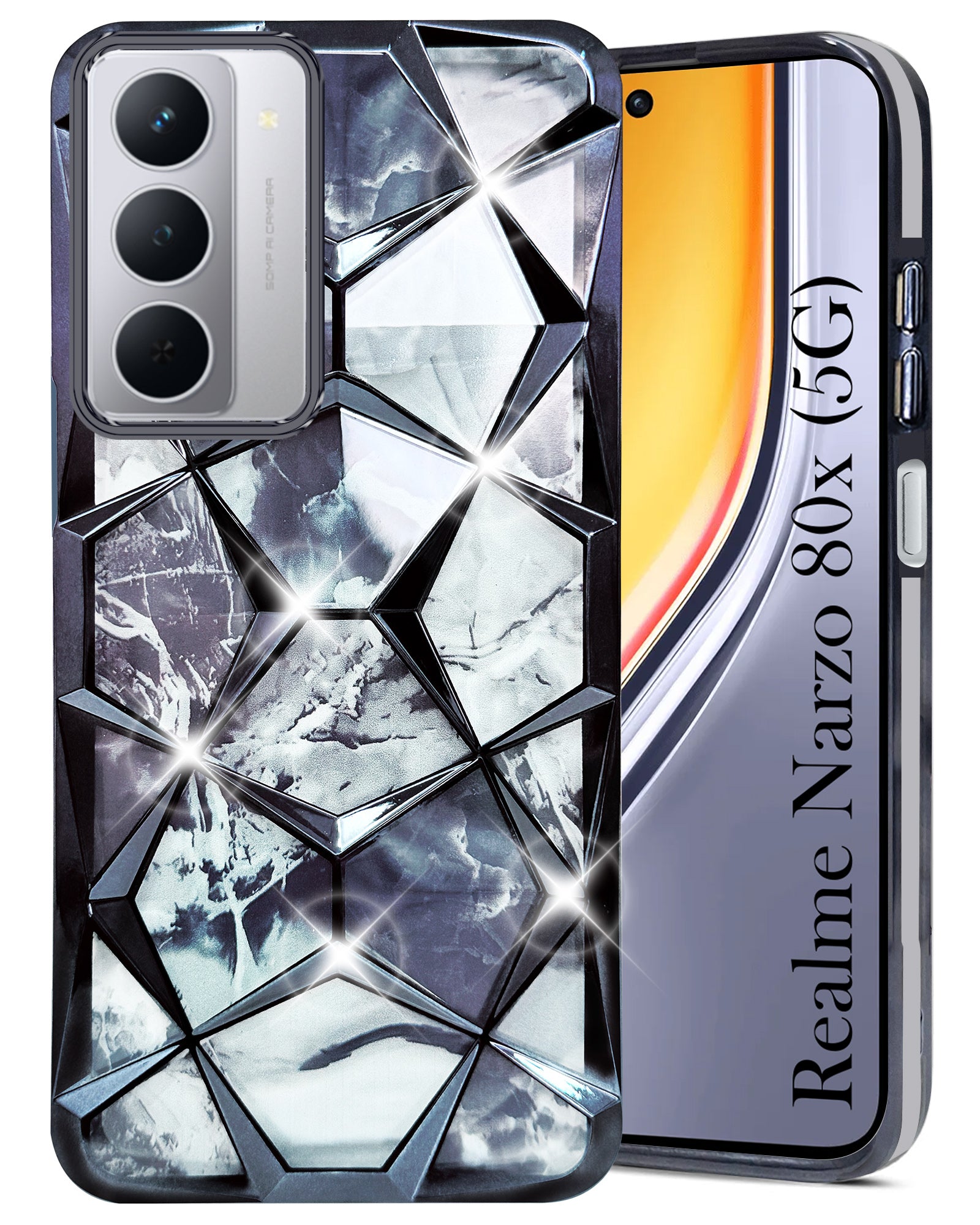 For Realme Narzo 80x Back Cover Case Girls (Dual Design Glitter Sparkle and Detachable Diamond Print Case | Soft and Flexible)