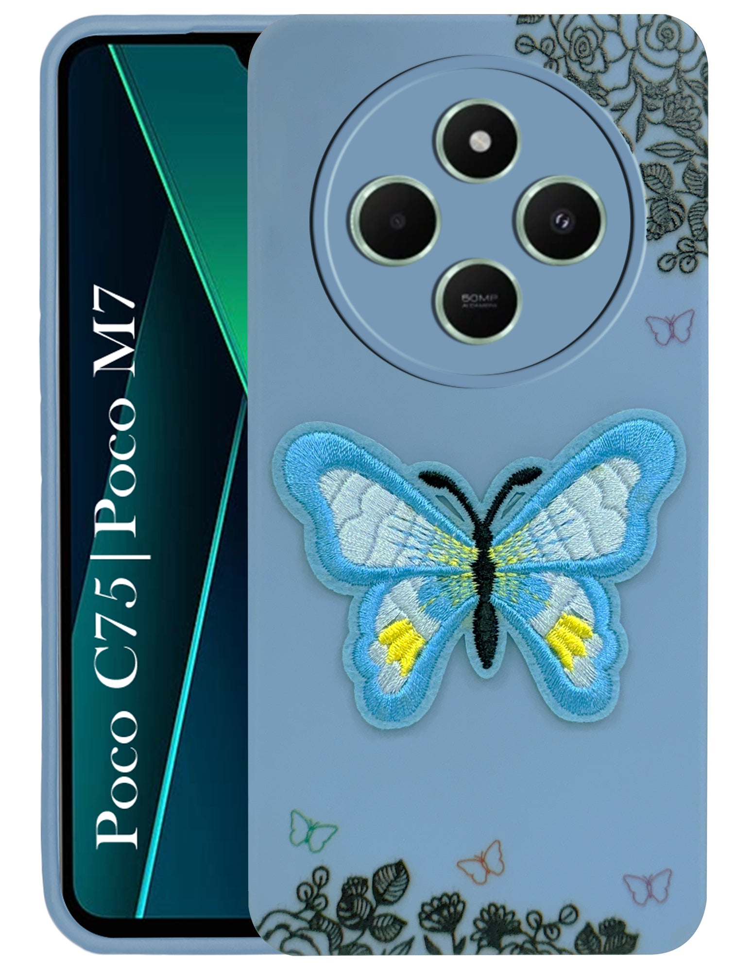 For Poco C75 | Poco M7 Back Cover Case (Soft Butterfly Embroidery | Women Teen Girls | Camera Protection| Matte Silicone)