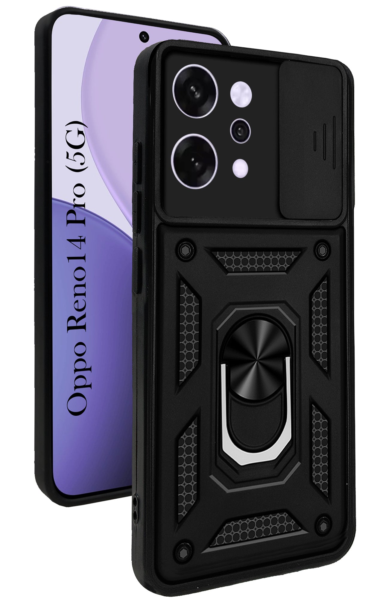 For Oppo Reno14 Pro 5G | Oppo Reno 14 Pro 5G Back Cover Case (Sliding Shutter Camera Protection | Polycarbonate |Ring Holder Kickstand)