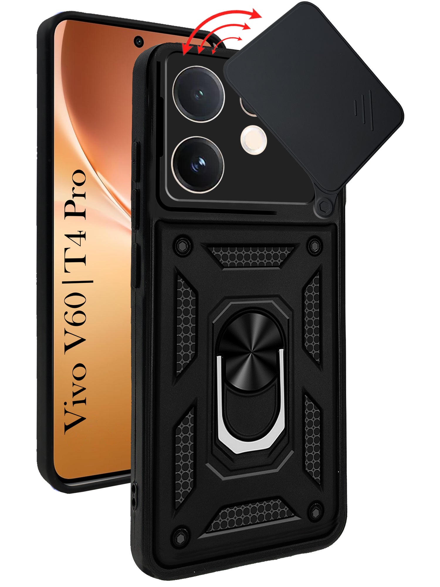 For Vivo V60 | Vivo T4 Pro Back Cover Case (Sliding Shutter Camera Protection | Polycarbonate |Ring Holder Kickstand)