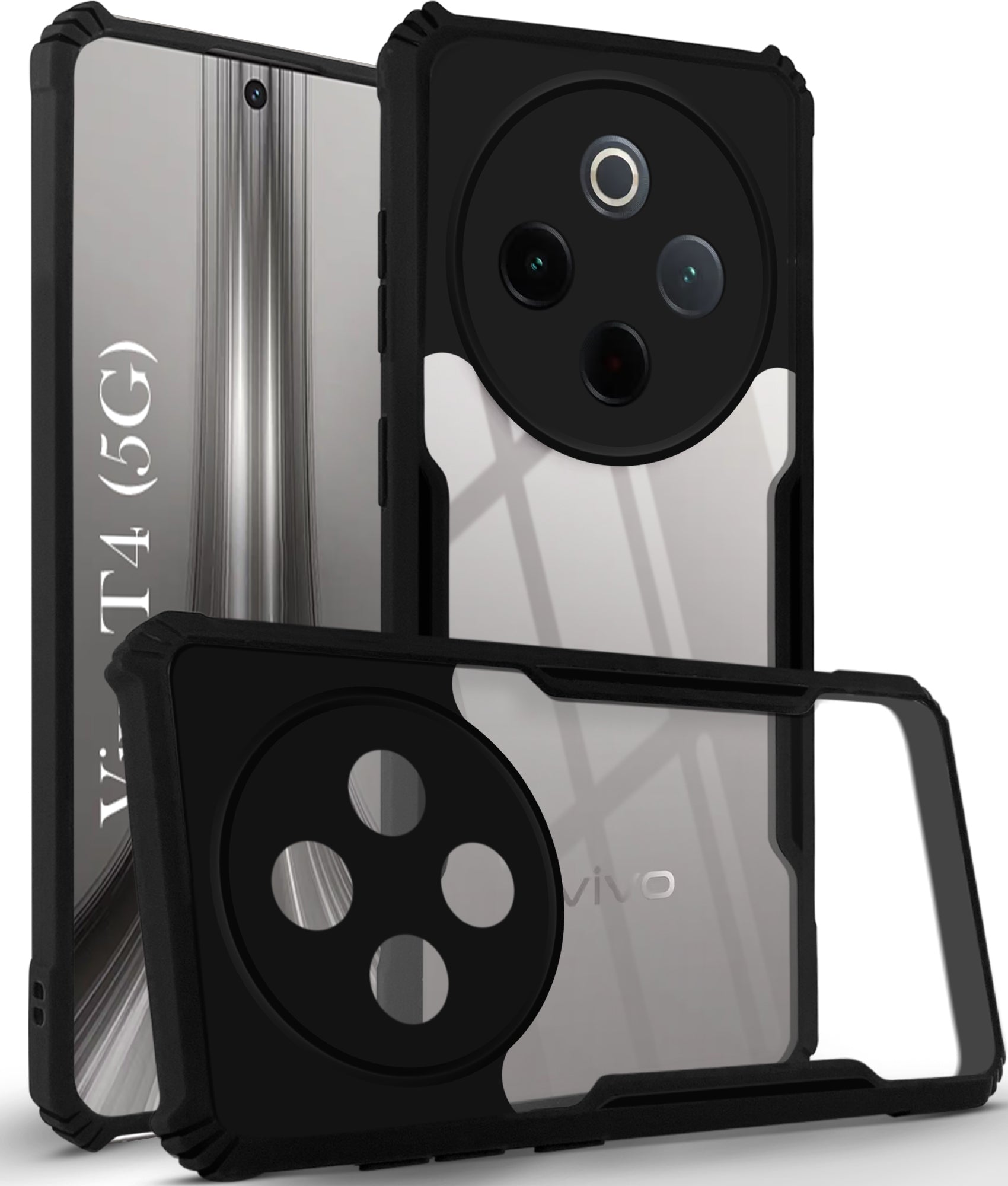 For Vivo T4 Back Cover Case (Shockproof with Polycarbonate Clear Panel | Professional Black)