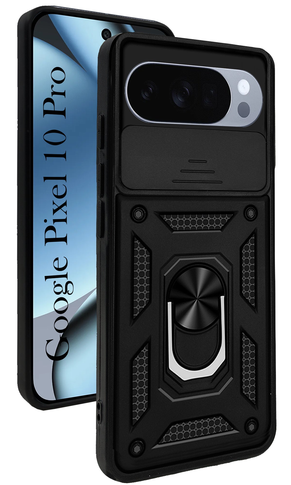 For Google Pixel 10 Pro Back Cover Case (Sliding Shutter Camera Protection | Polycarbonate |Ring Holder Kickstand)