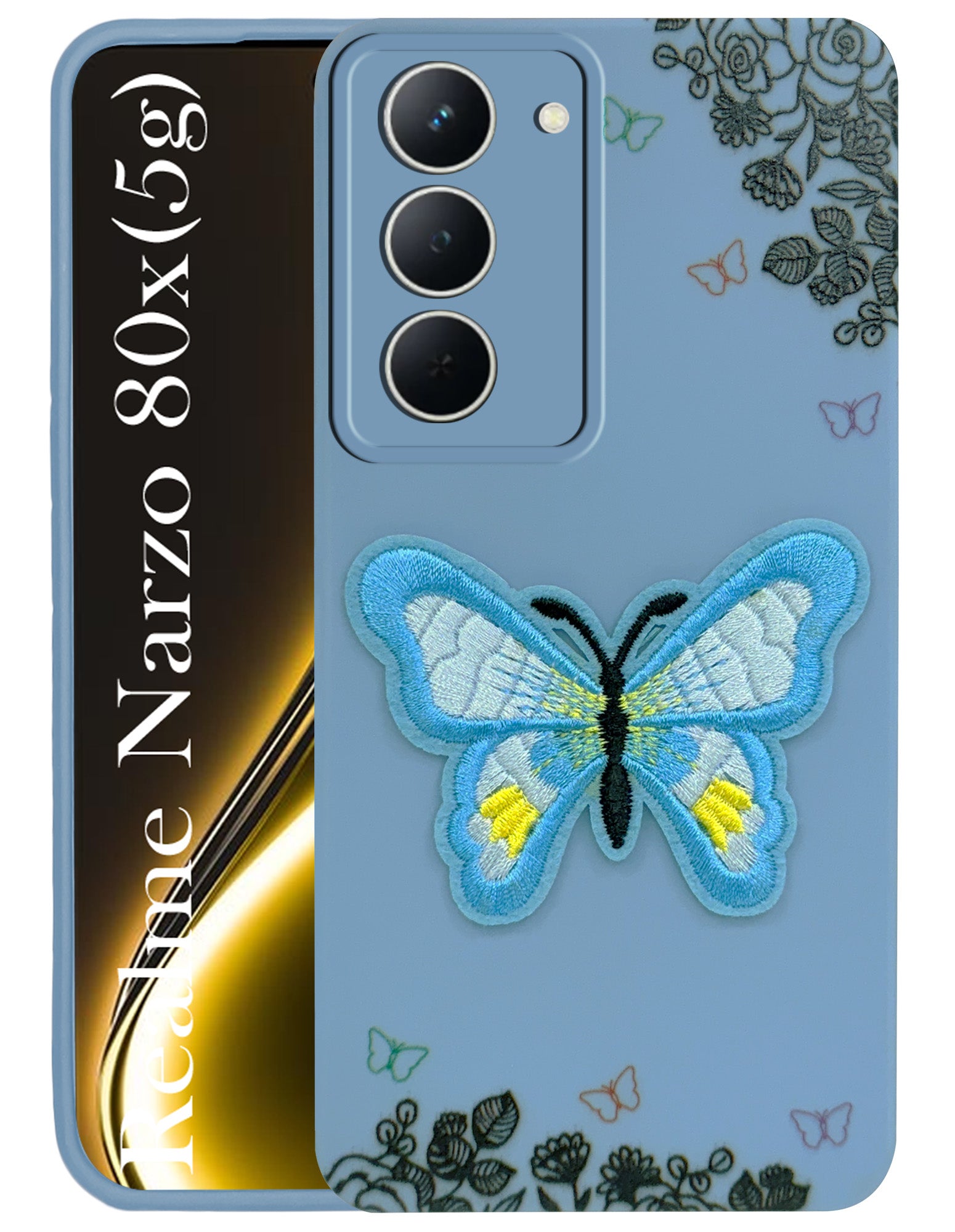 For Realme Narzo 80x Back Cover Case (Soft Butterfly Embroidery | Women Teen Girls | Camera Protection| Matte Silicone)