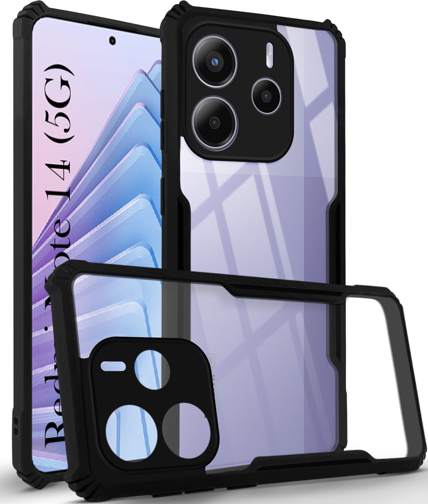 For Redmi Note 14 5G | Redmi Note 14 SE Back Cover Case (Shockproof with Polycarbonate Clear Panel | Professional Black)