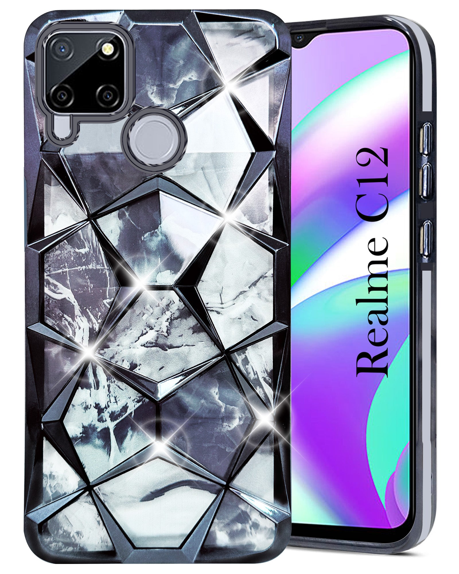For Realme C12 Back Cover Case (Dual Design Glitter Sparkle and Detachable Diamond Print Case | Soft and Flexible)